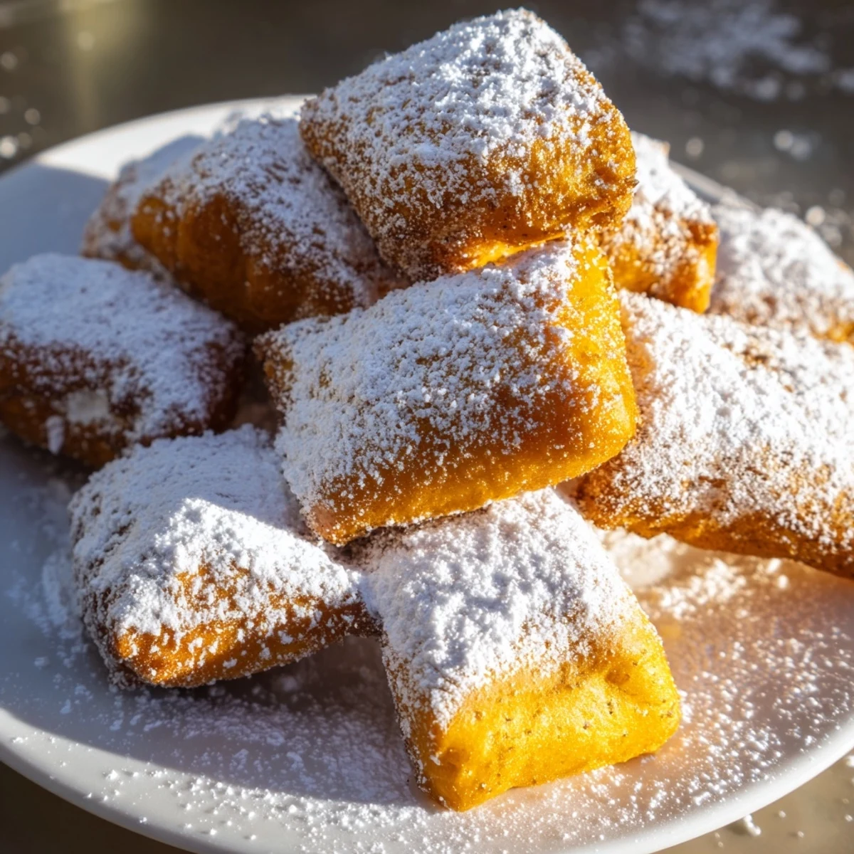 Freshly fried Mardi Gras Beignets with Powdered Sugar are stacked high on a plate, showing their golden, puffy texture.