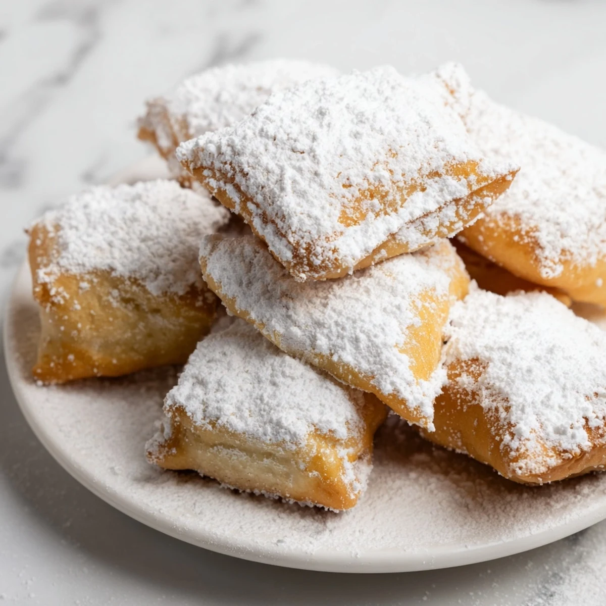 Light and fluffy Mardi Gras Beignets with Powdered Sugar rest on a wire rack, ready to be dipped in coffee.