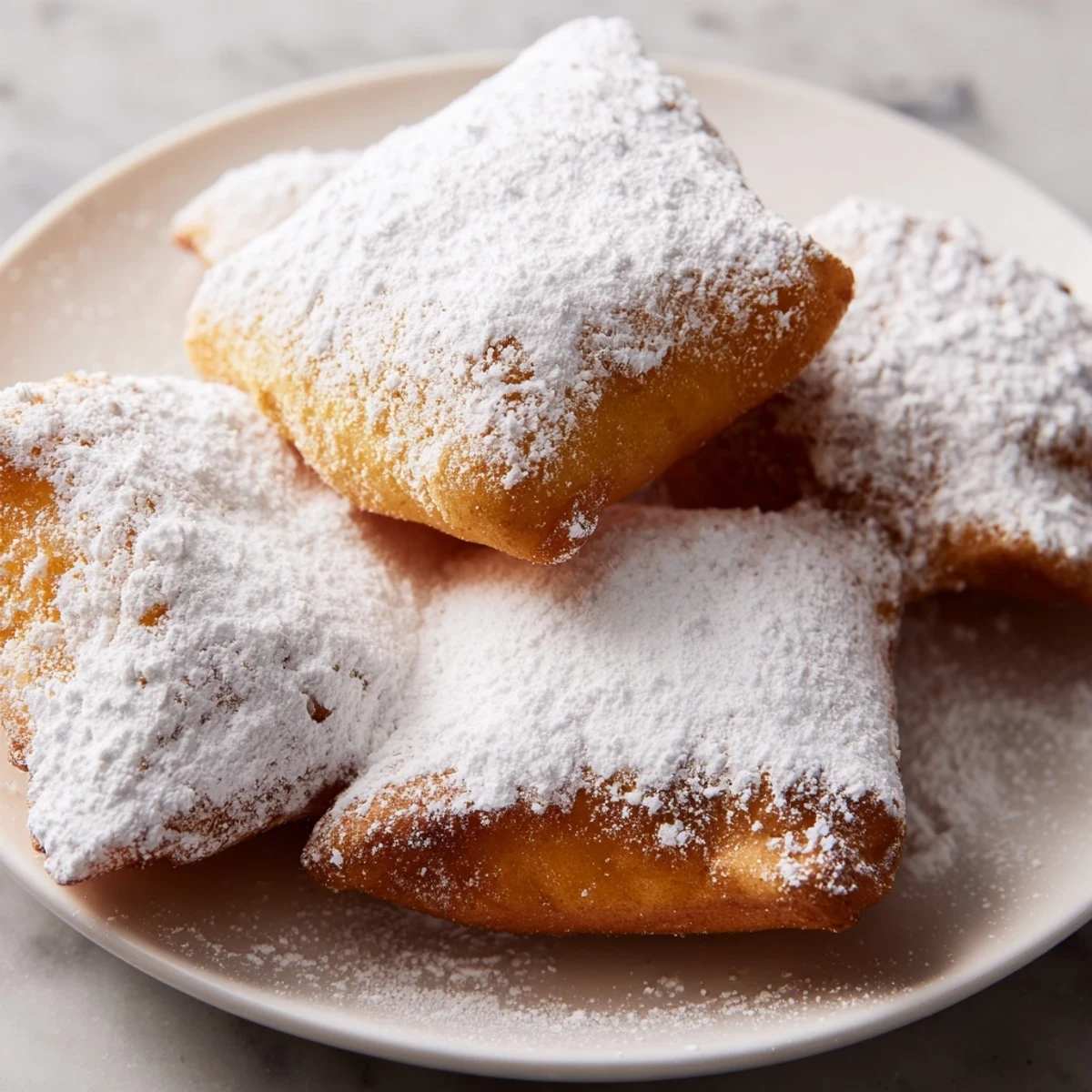 A close-up of Mardi Gras Beignets with Powdered Sugar reveals the light, airy interior dusted heavily with sweet confectioners' sugar.