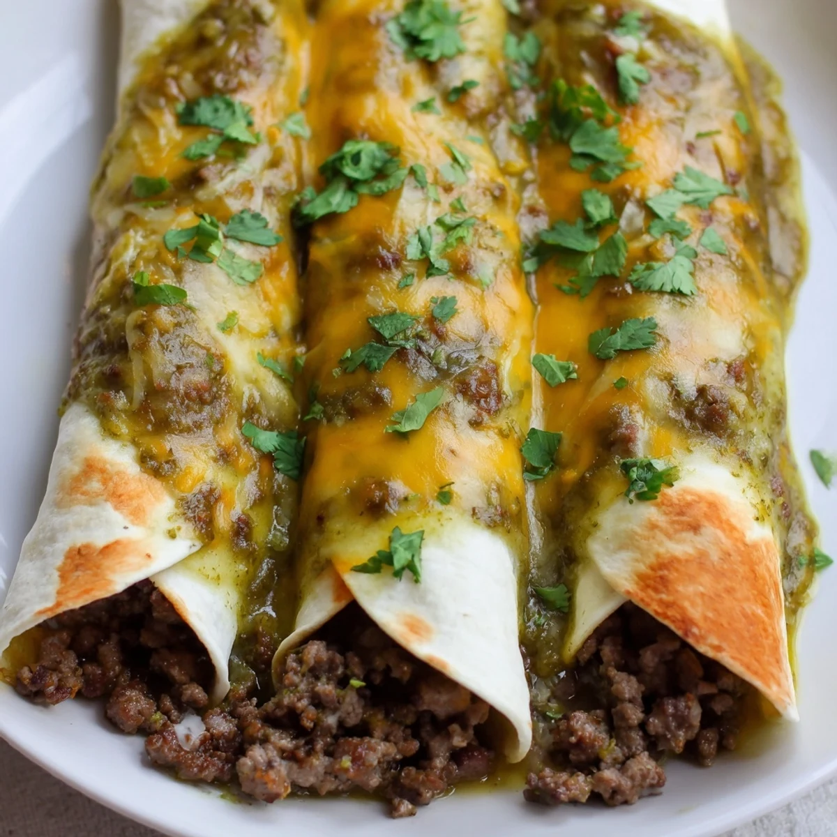 Golden-brown baked beef enchiladas smothered in vibrant green chili sauce, topped with melted cheese on a rustic plate.