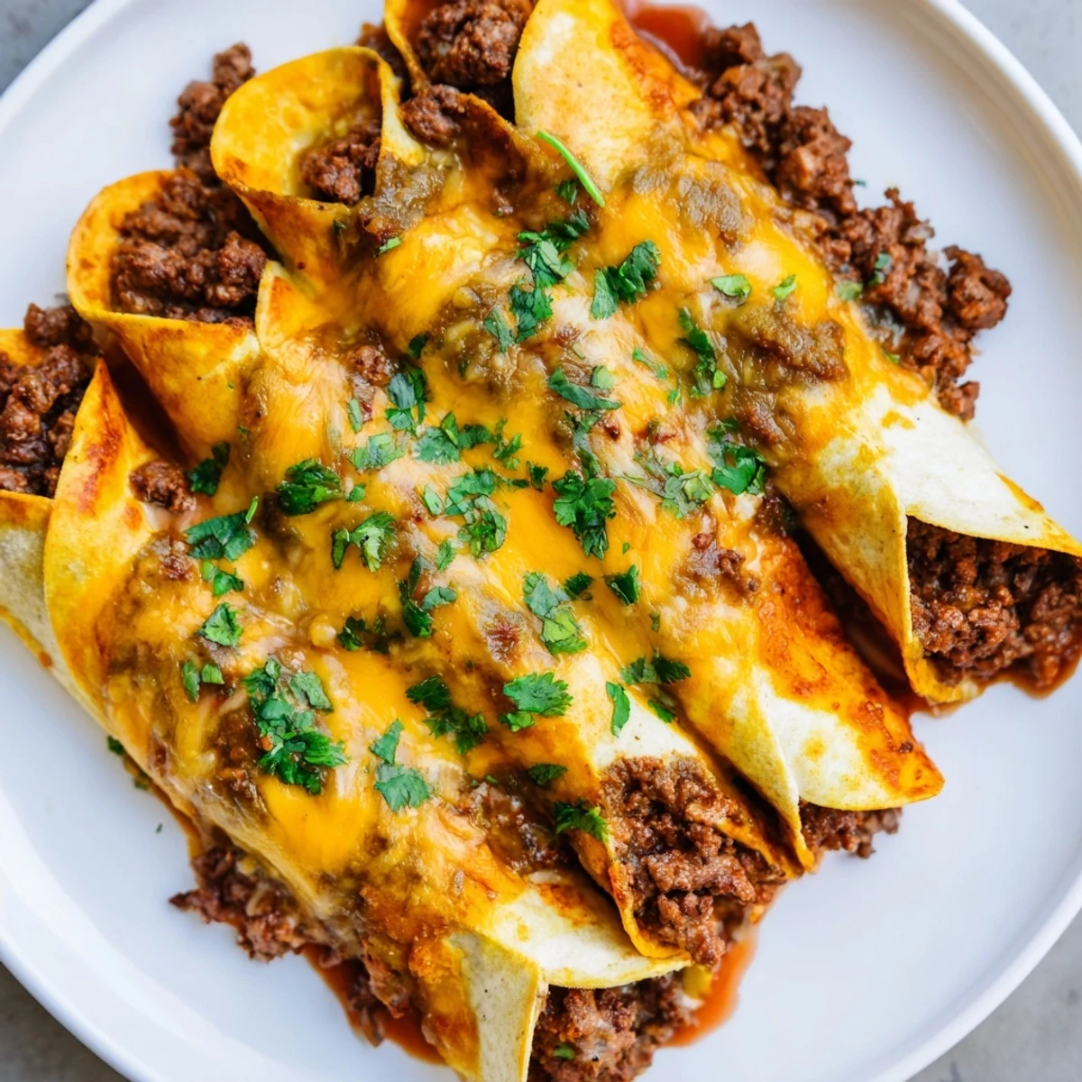 Freshly baked Tex-Mex beef enchiladas in a white dish, oozing cheese and bright green chili sauce.