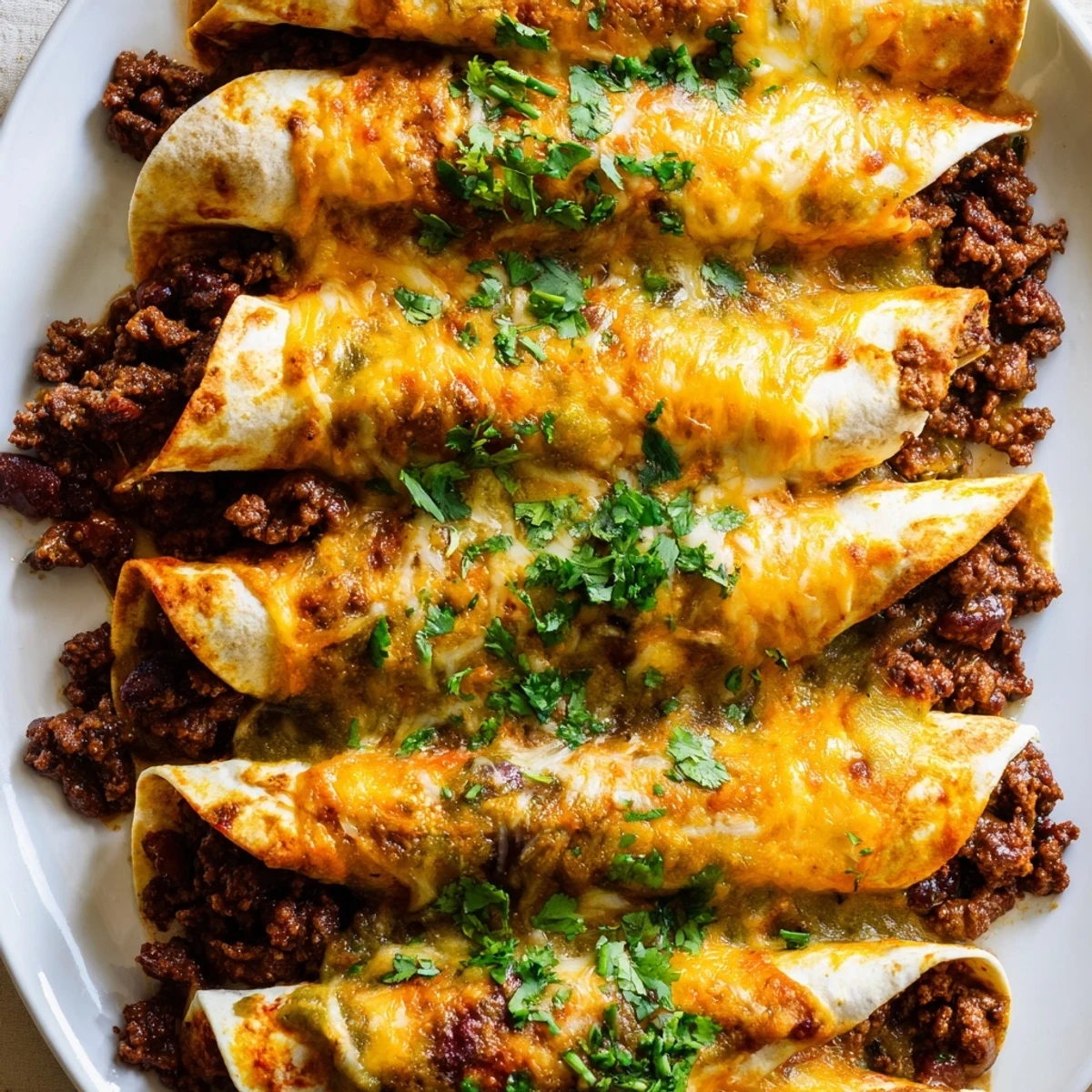 Soft tortillas stuffed with savory beef filling, draped in tangy green sauce and fresh cilantro garnish.