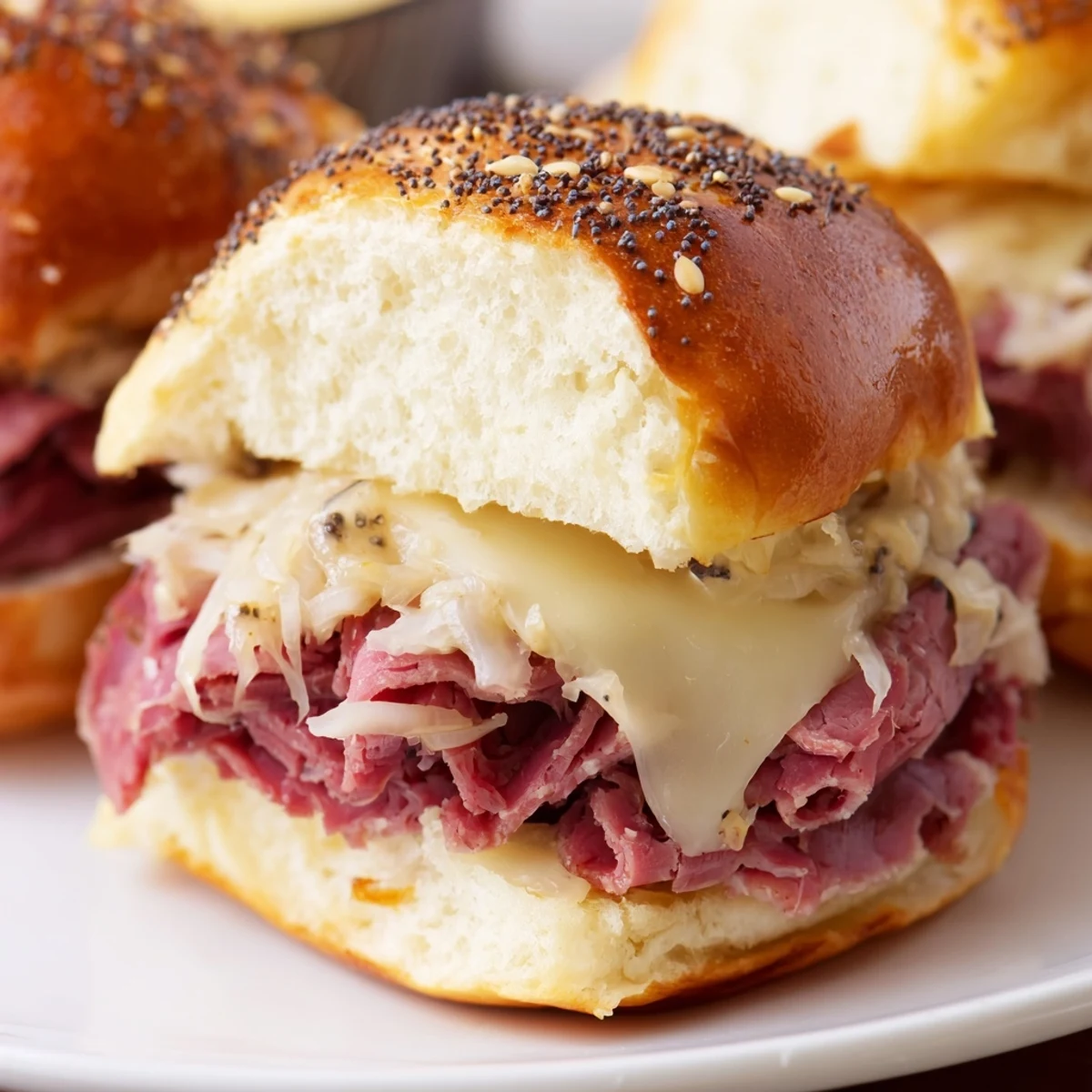 Warm Corned Beef Sliders with Swiss Cheese feature tender beef and tangy sauce, stacked on soft Hawaiian rolls.