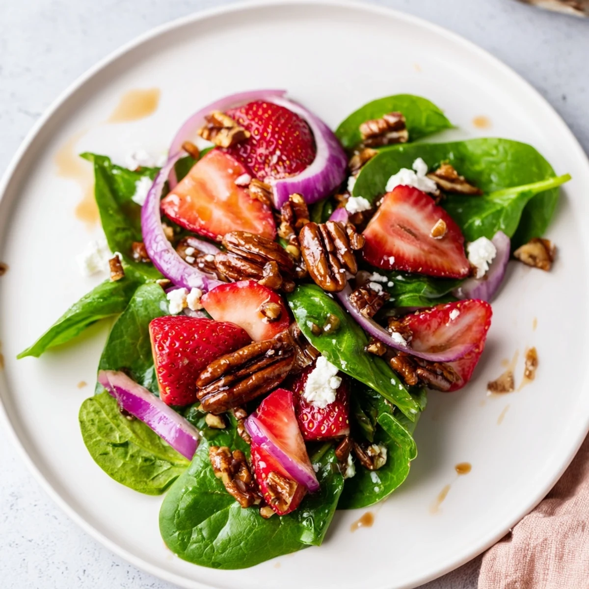 Fresh baby spinach and sliced strawberries topped with toasted pecans, feta, and a drizzled balsamic vinaigrette in a bright bowl.  