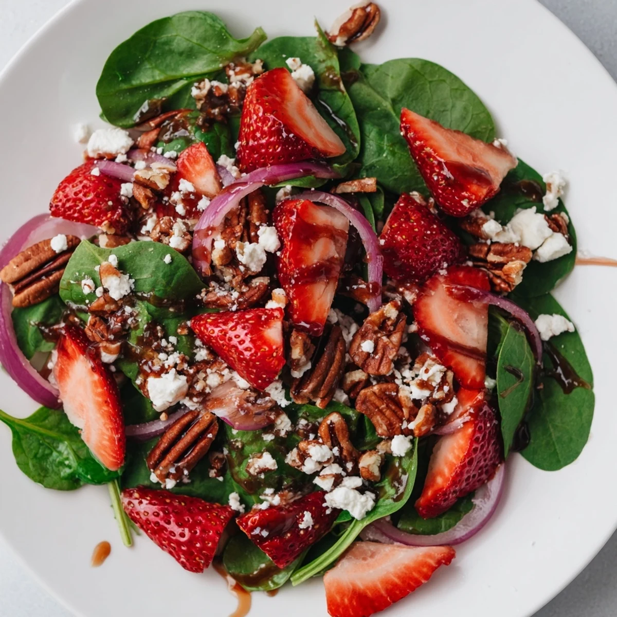 A close-up of the vibrant Strawberry Spinach Salad with Pecans showing glistening vinaigrette and a fork ready to serve.  