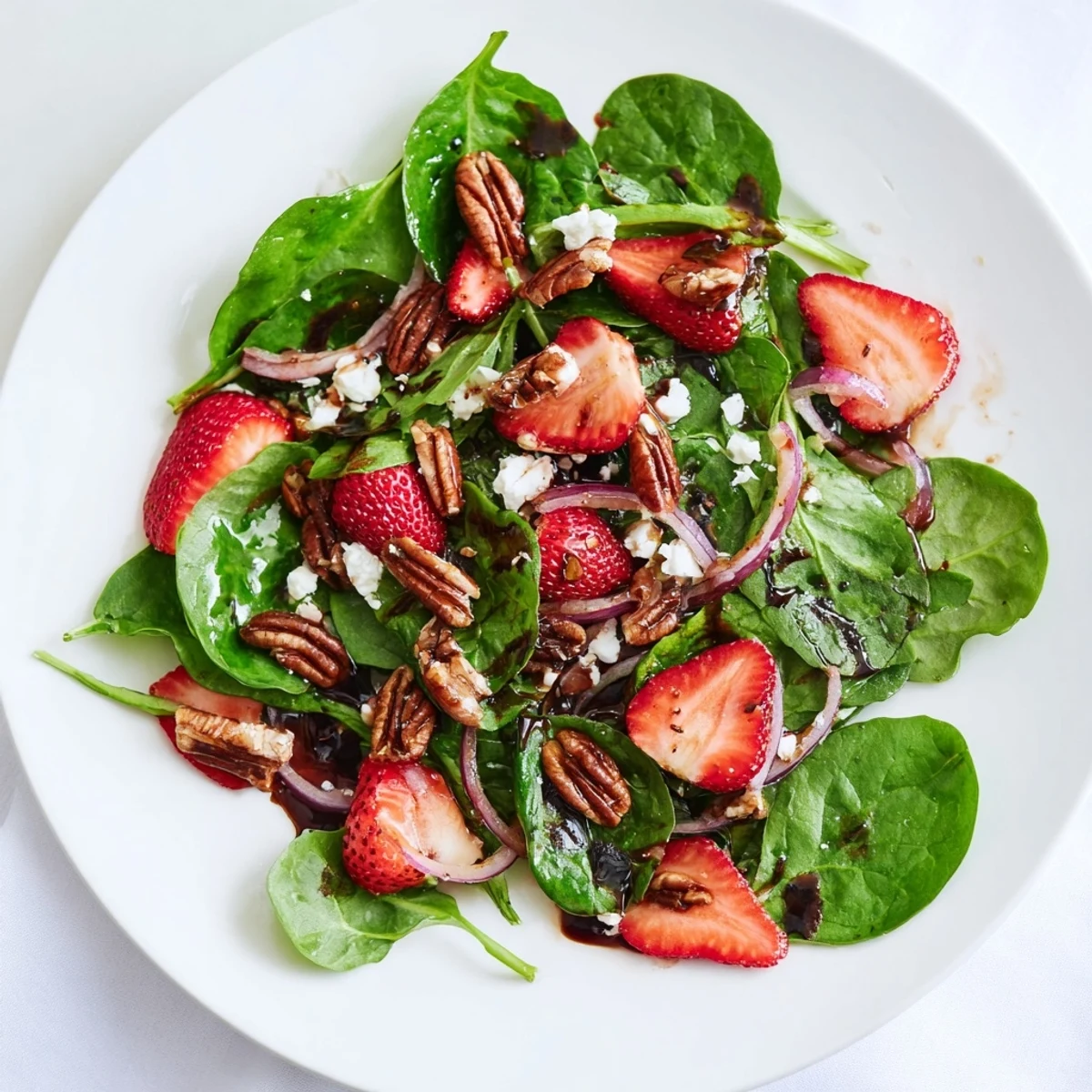 Light lunch serving of Strawberry Spinach Salad with Pecans tossed with red onion slices and crumbled feta cheese.