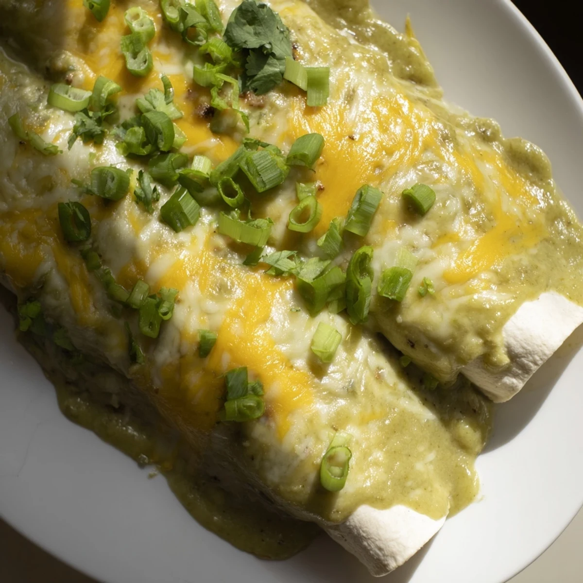 Comforting Beef Enchiladas with Green Chili Sauce resting in a baking dish with melted cheese.