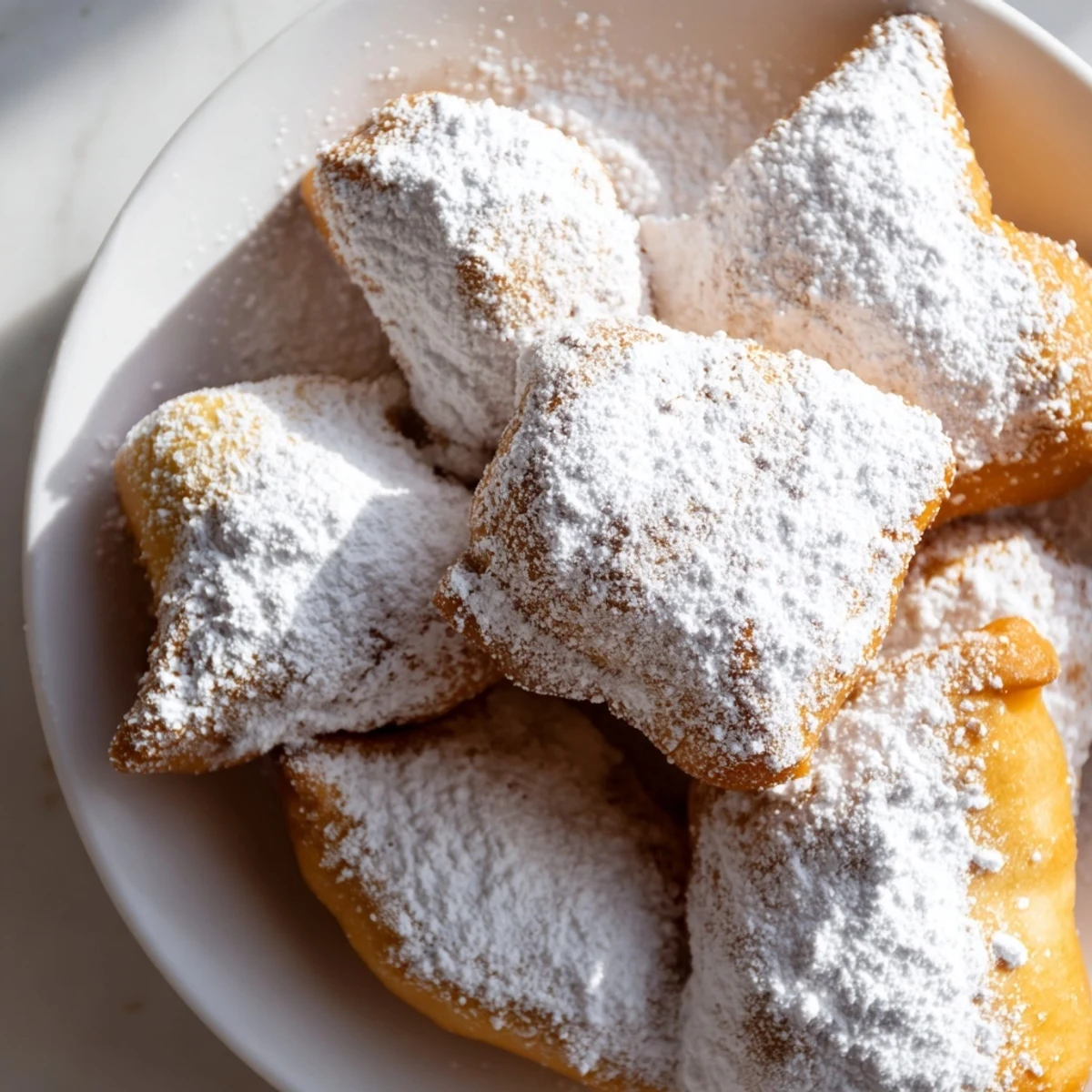 Golden Mardi Gras Beignets with powdered sugar look inviting on a plate near chicory coffee.