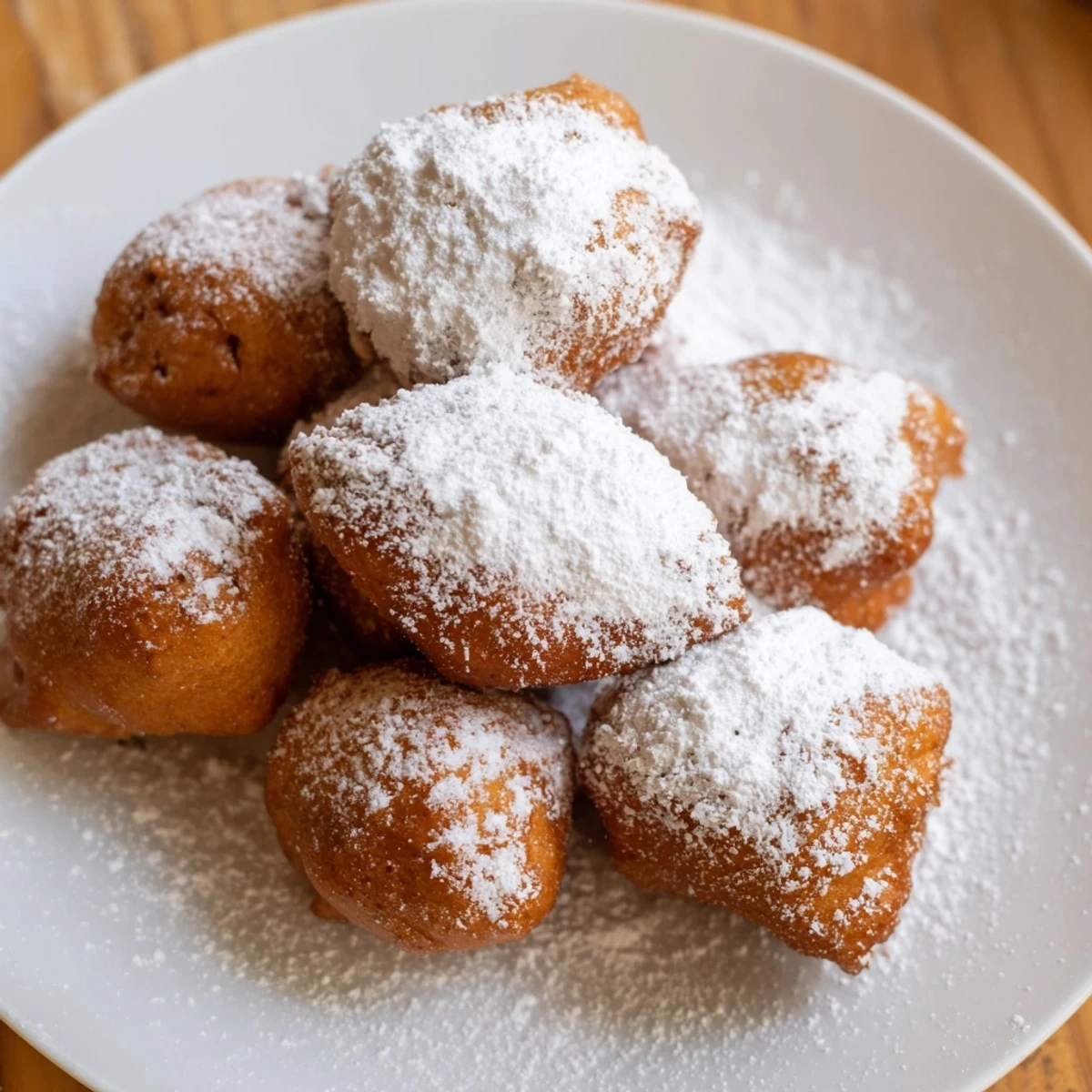 Warm Mardi Gras Beignets piled high, dusted with powdered sugar perfect for Carnival celebrations.
