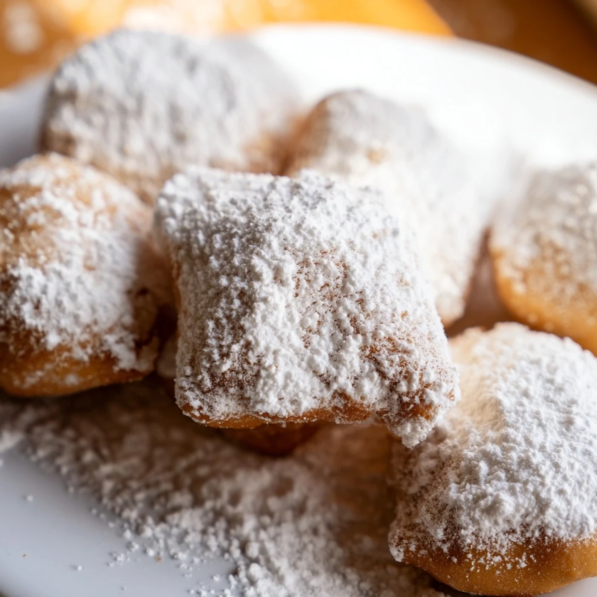 Freshly fried pillowy Mardi Gras Beignets dusted with powdered sugar on a white plate.