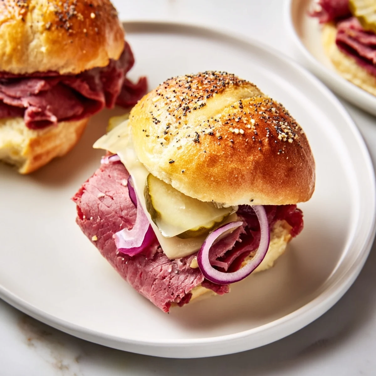 Warm Corned Beef Sliders with Swiss Cheese on soft buns with melted cheese and tangy pickles, ready to serve.