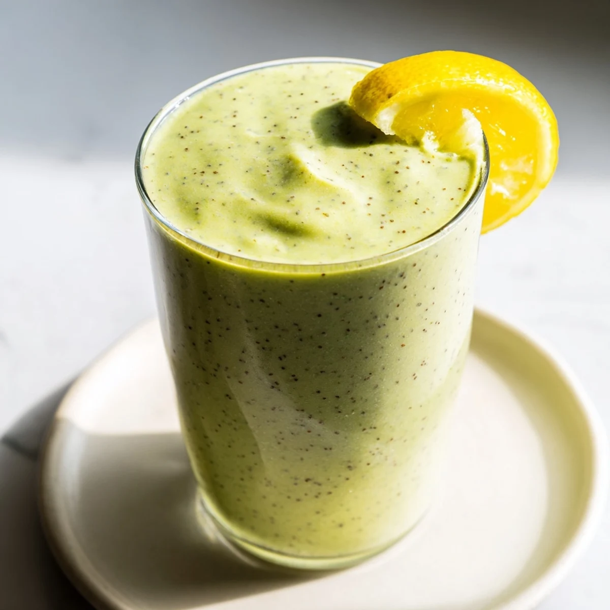 A glass of green smoothie with spinach and apple, garnished with fresh apple slices and a straw, on a bright kitchen counter.