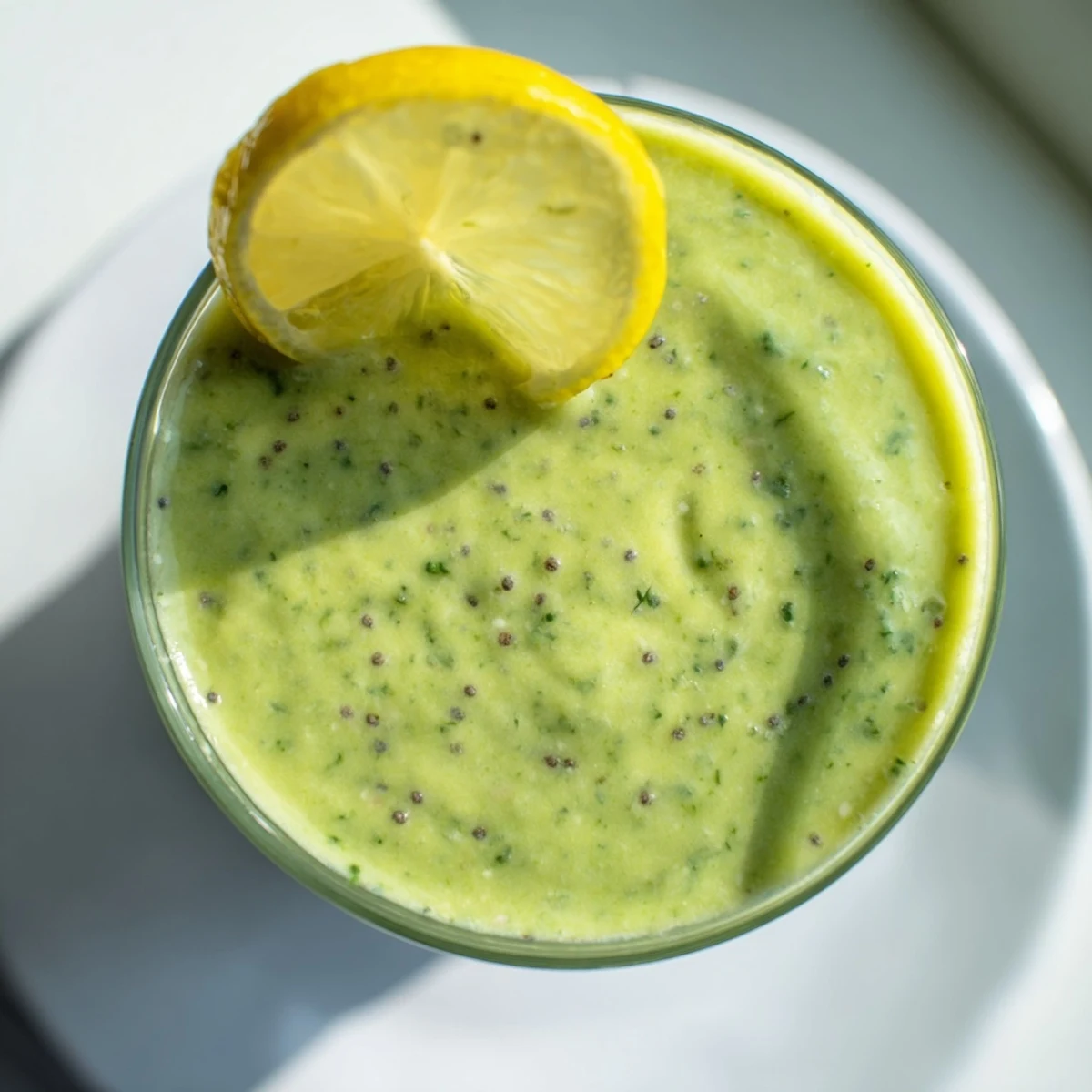 This green smoothie with spinach and apple is blended to a creamy texture, perfect for a refreshing vegan breakfast drink.
