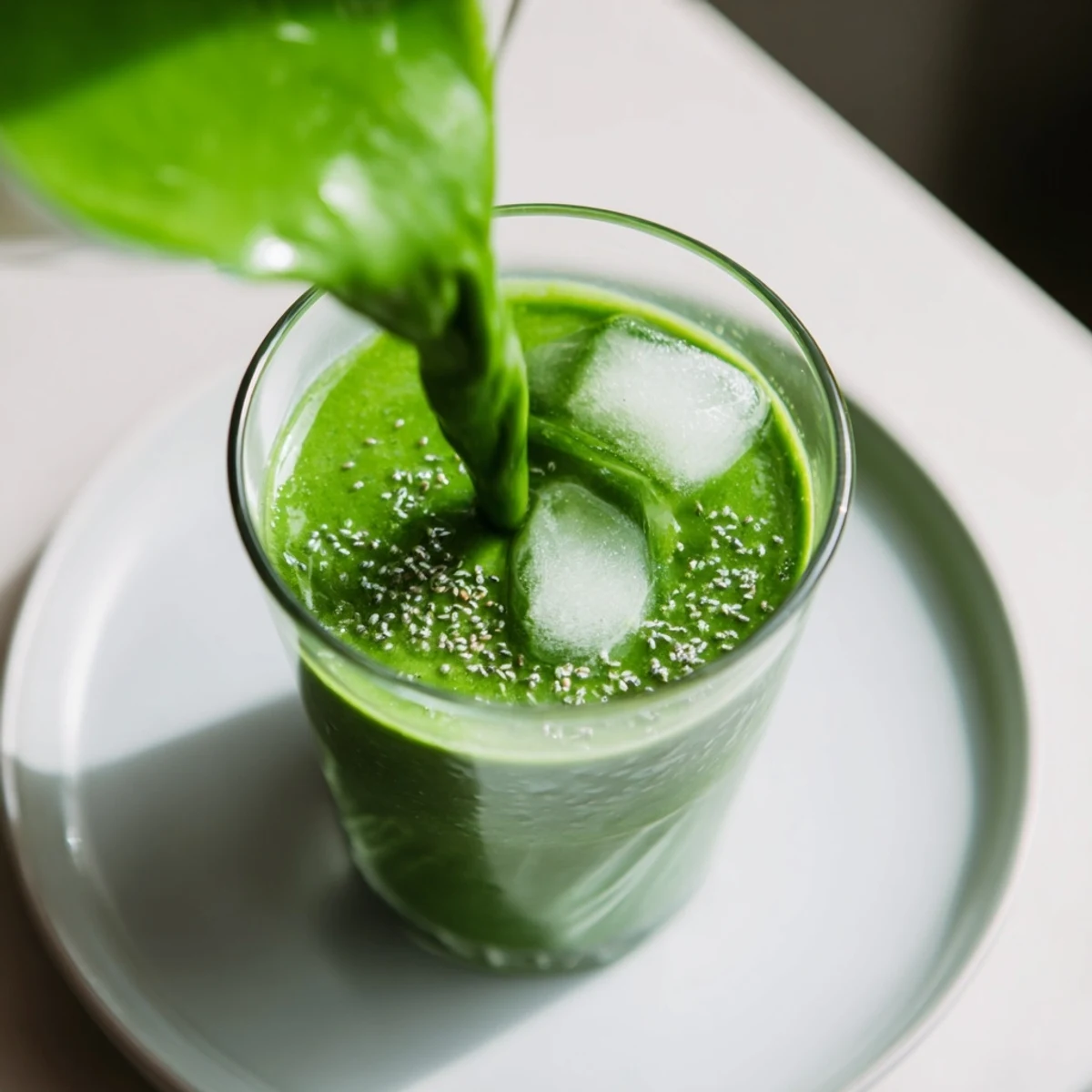 A creamy Green Smoothie with Spinach and Apple blended with banana and almond milk, featuring vibrant green color and a refreshing, cold texture.