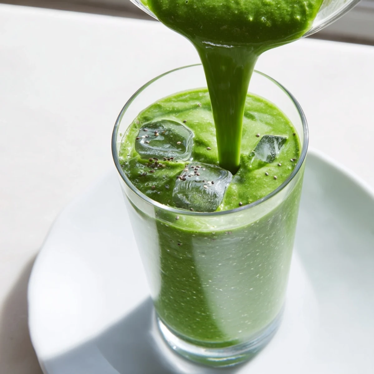 Pouring a frothy Green Smoothie with Spinach and Apple into a glass, topped with chia seeds and ice, ideal for a nutritious snack.