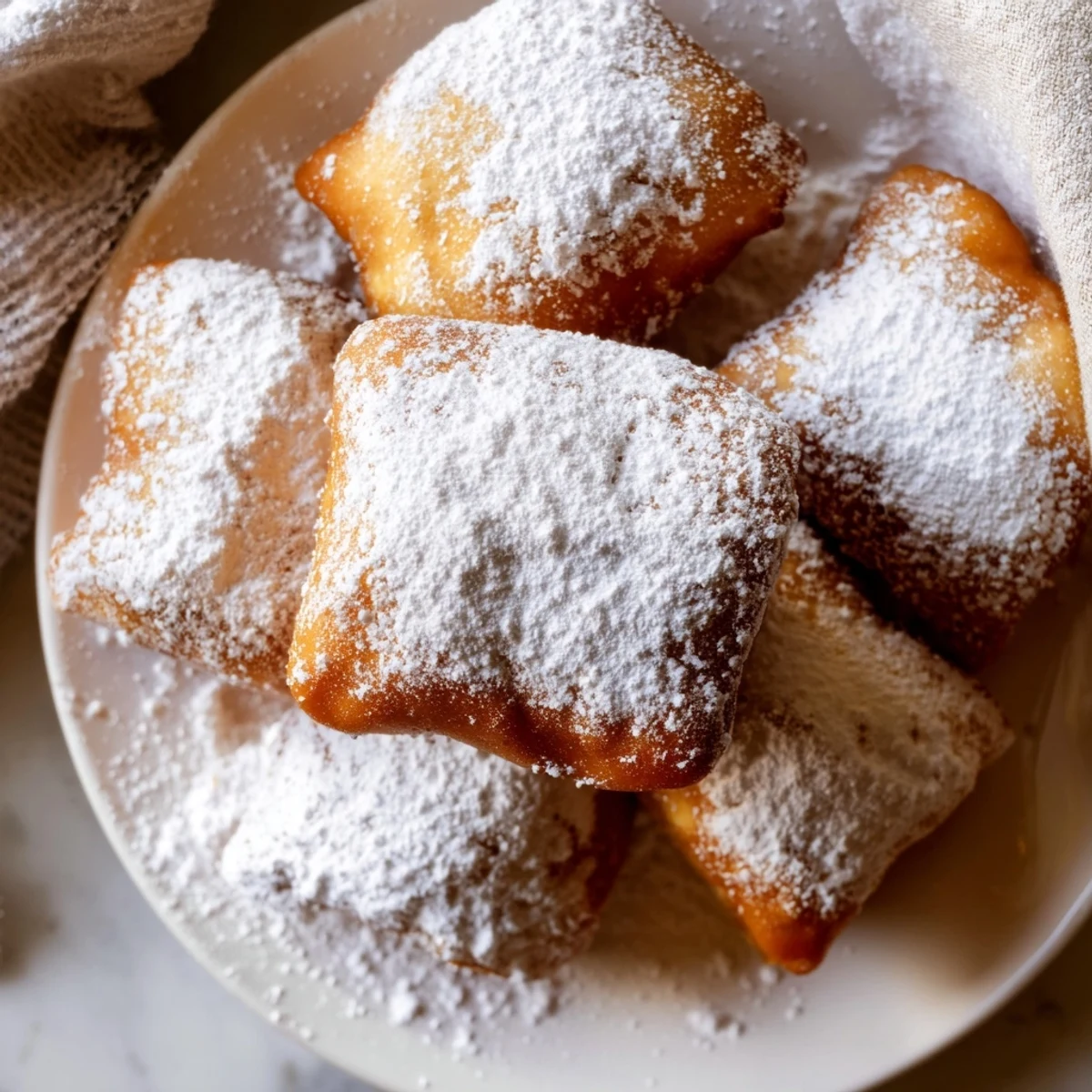 Golden Mardi Gras Beignets with Powdered Sugar are stacked high and dusted with powdered sugar on a rustic plate.