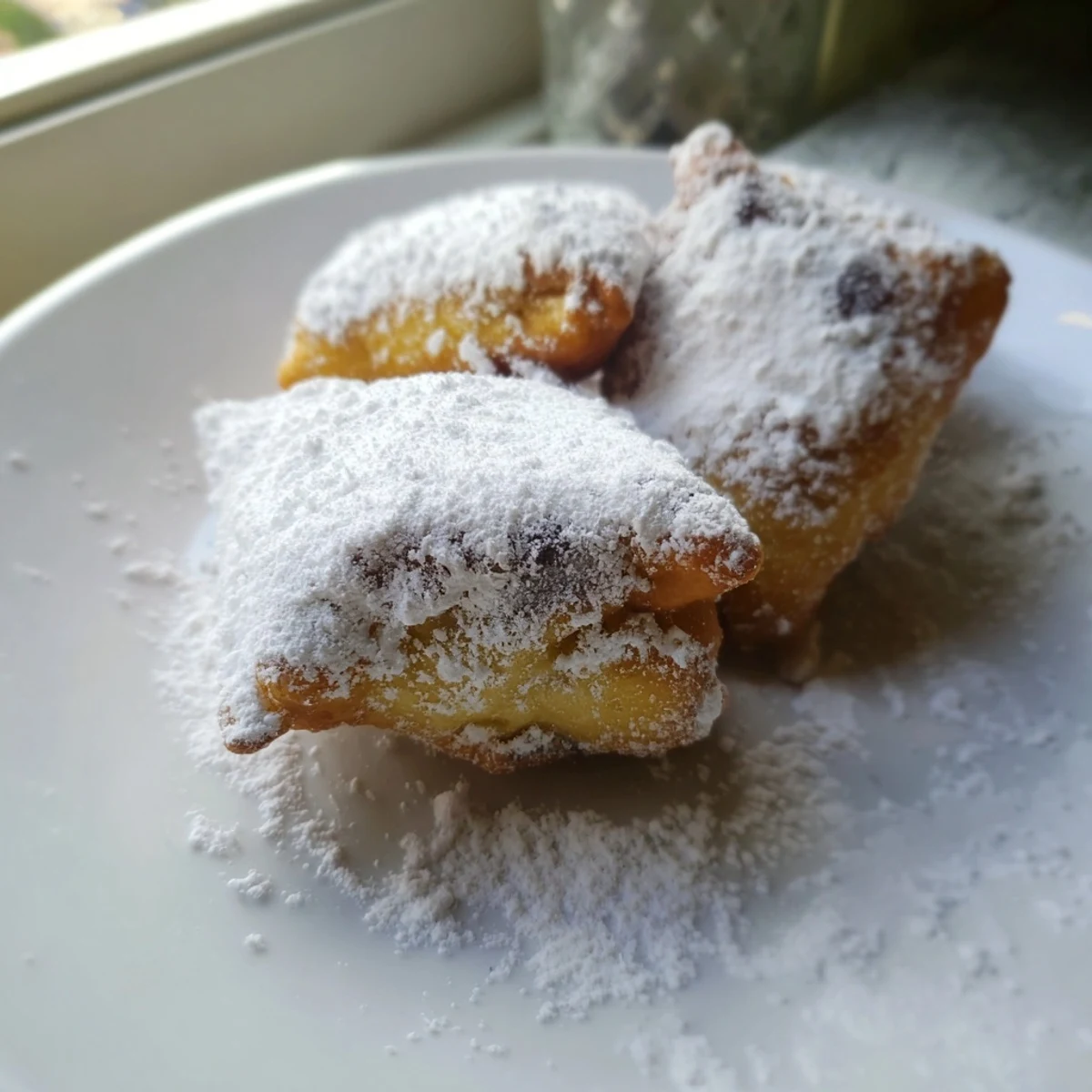 A close-up of fluffy Mardi Gras Beignets with Powdered Sugar reveals golden edges and a sweet, snowy topping.