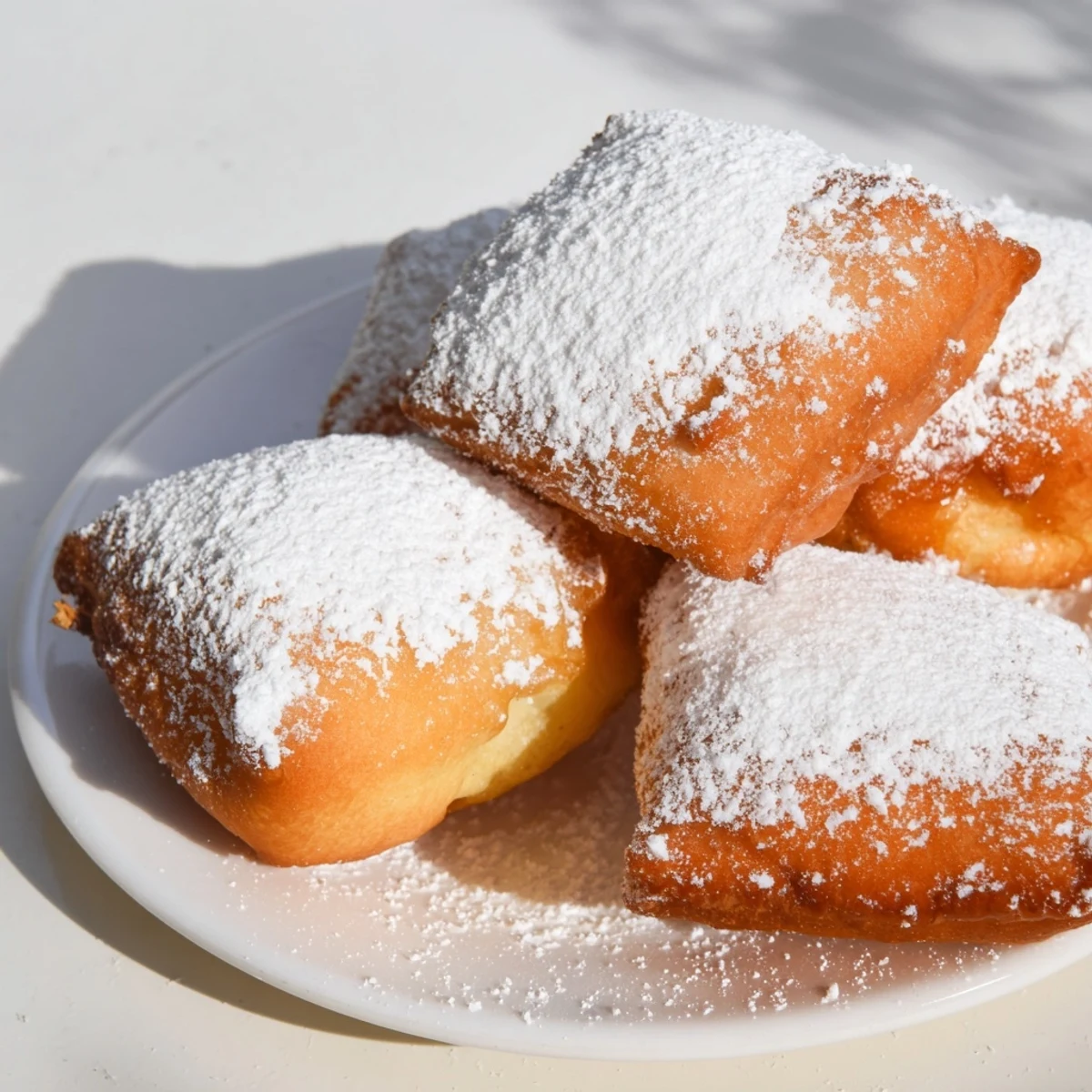 Freshly fried Mardi Gras Beignets with Powdered Sugar sit beside a warm café au lait on a festive table.