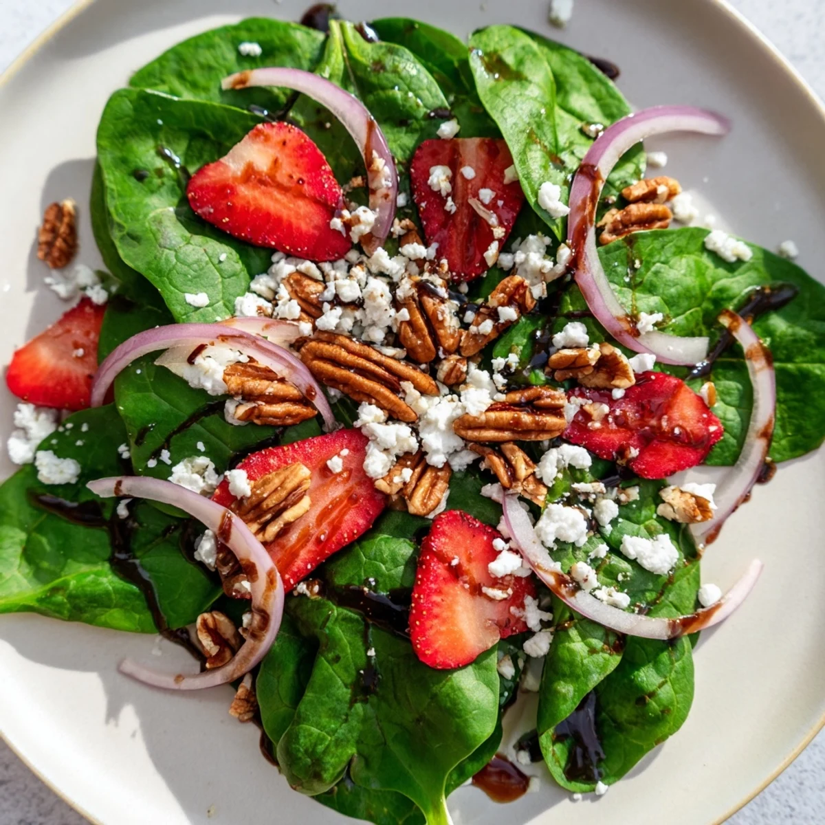 A close-up of the Strawberry Spinach Salad with Pecans showing vibrant red strawberries and green spinach leaves topped with crumbled feta and toasted pecans.