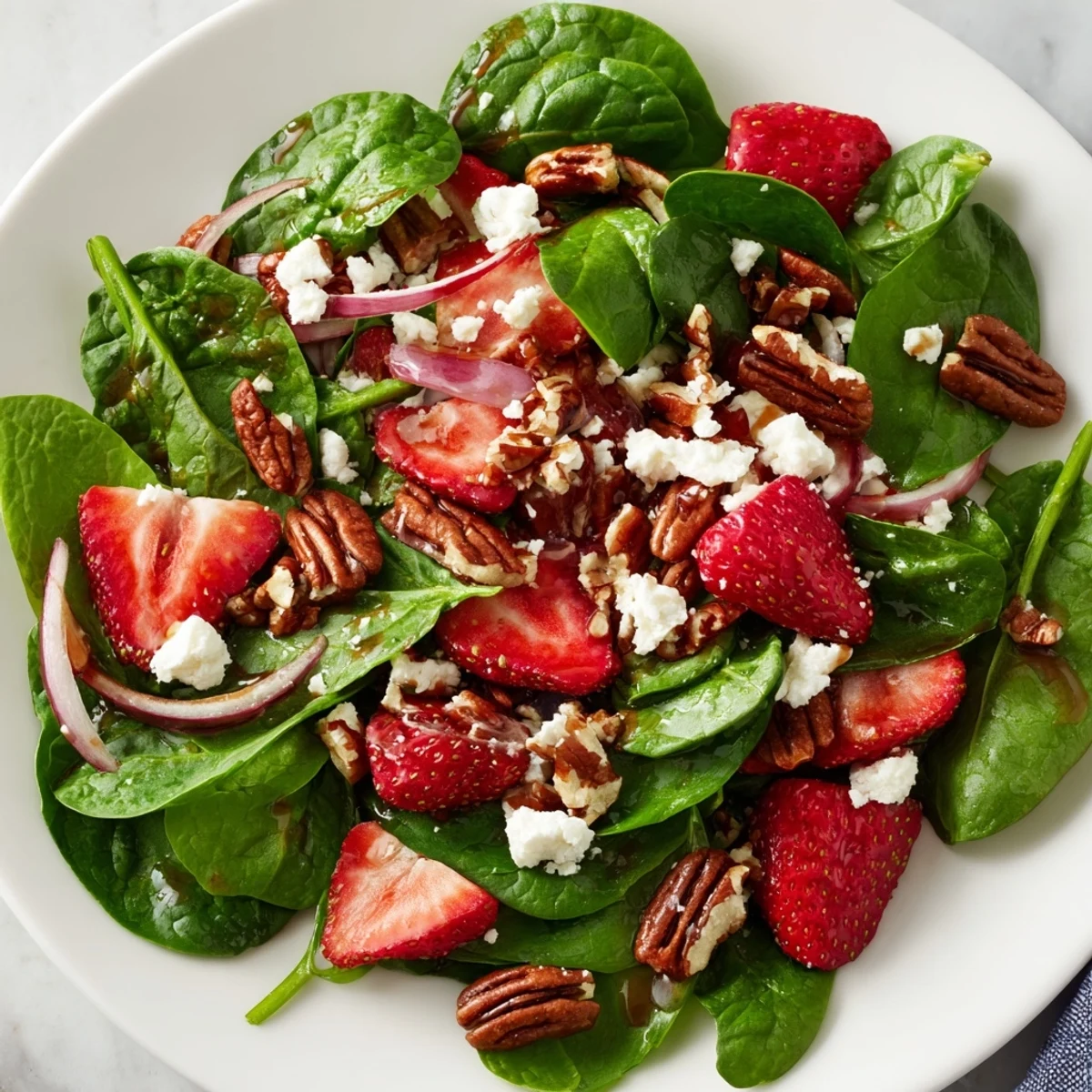 The prepared Strawberry Spinach Salad with Pecans is tossed in a glistening balsamic vinaigrette, ready to be served as a fresh lunch.