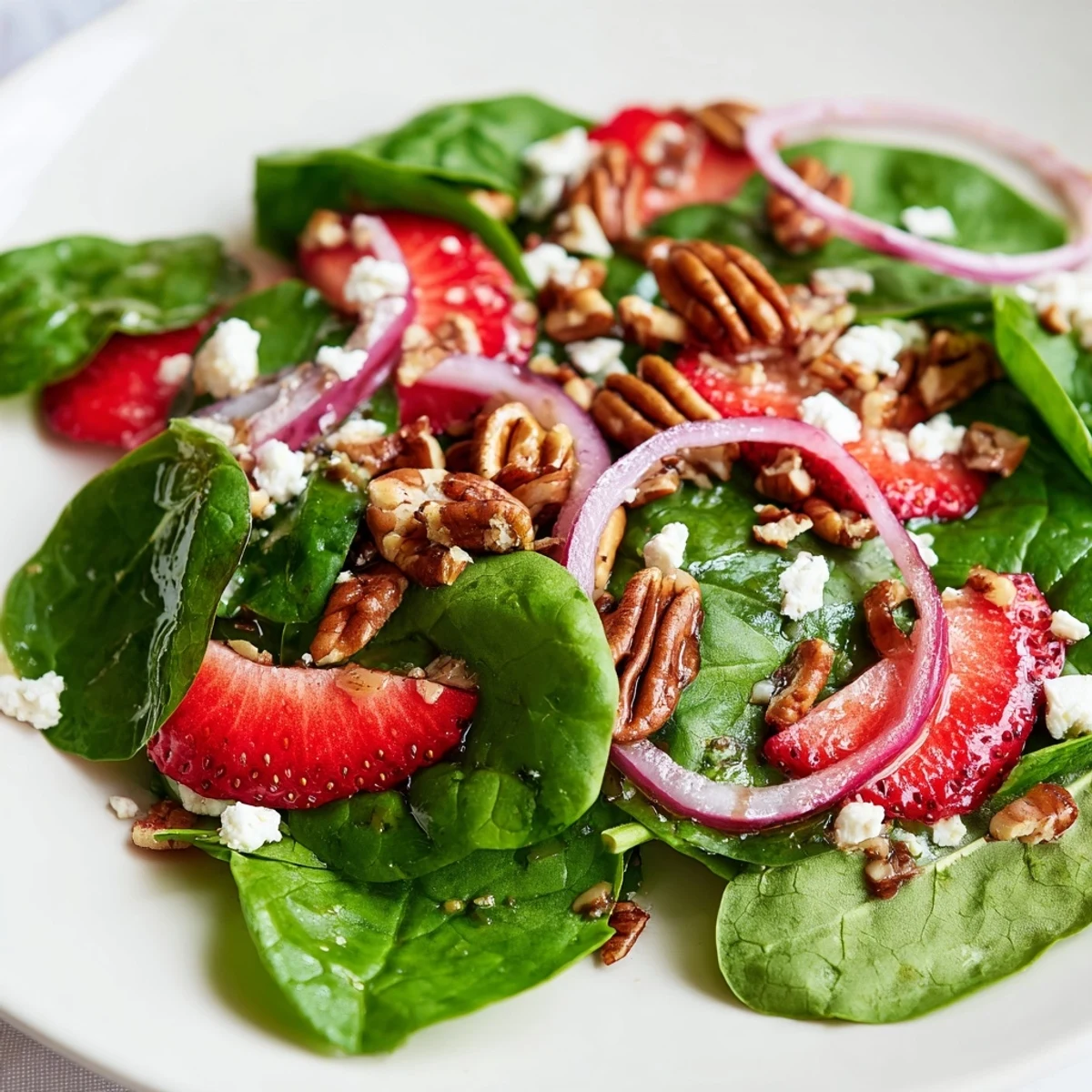 An overhead view of the Strawberry Spinach Salad with Pecans on a white plate, featuring sliced red onion and a sprinkle of feta cheese.