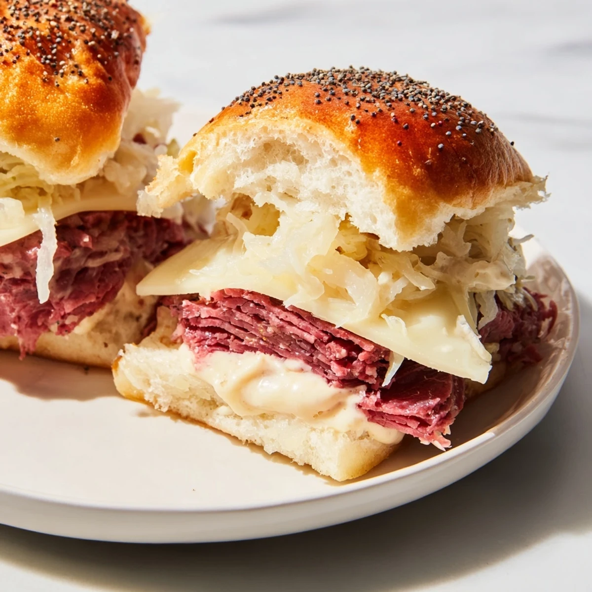 Freshly baked Corned Beef Sliders with Cheese brushed with butter, featuring melty Swiss and tangy mustard sauce, ready to serve warm.