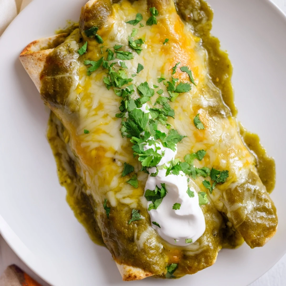 Freshly baked Beef Enchiladas with Green Sauce feature golden melted cheese and vibrant tomatillo sauce.