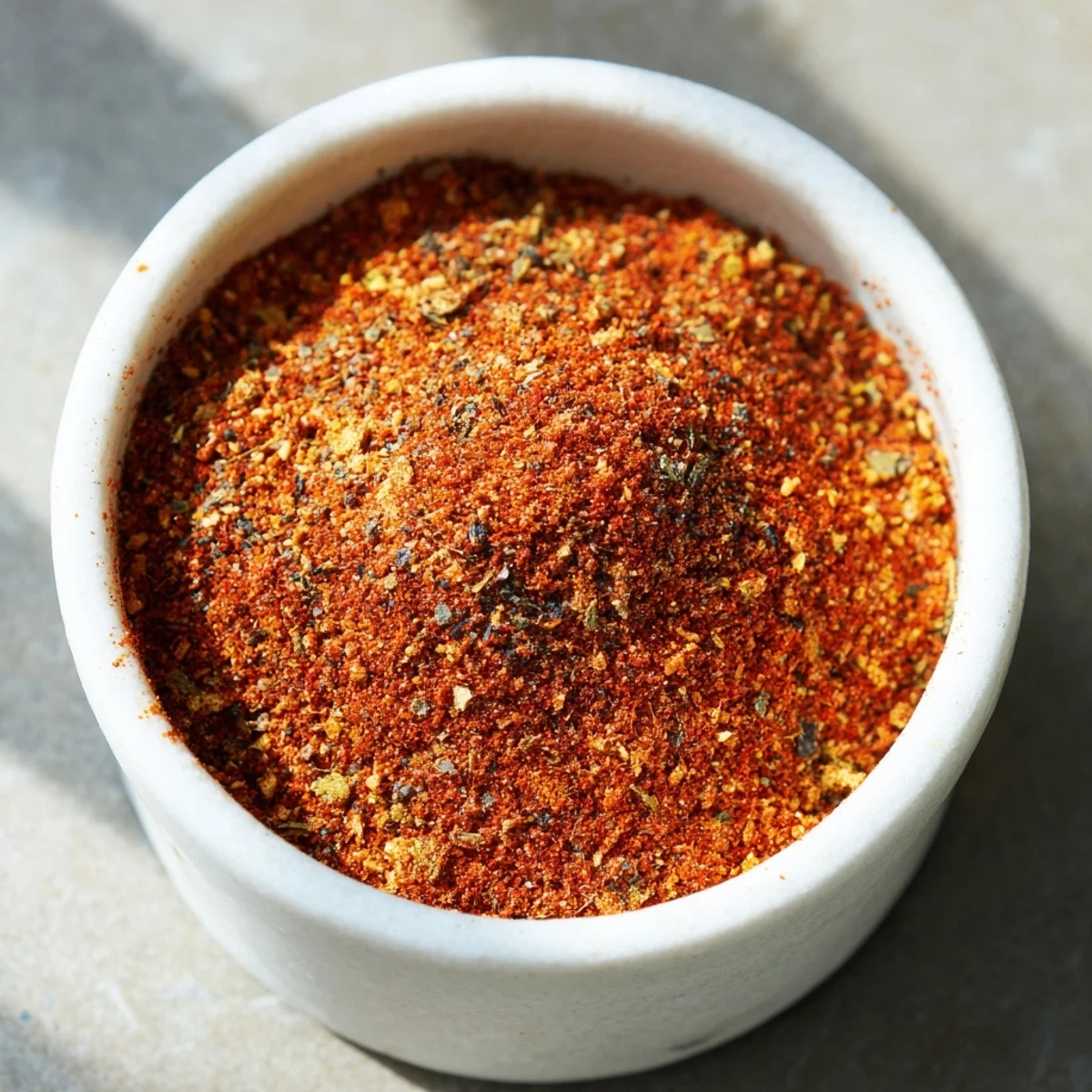 A spoonful of Easy Homemade Taco Seasoning Mix in a small glass bowl with spices beside it.