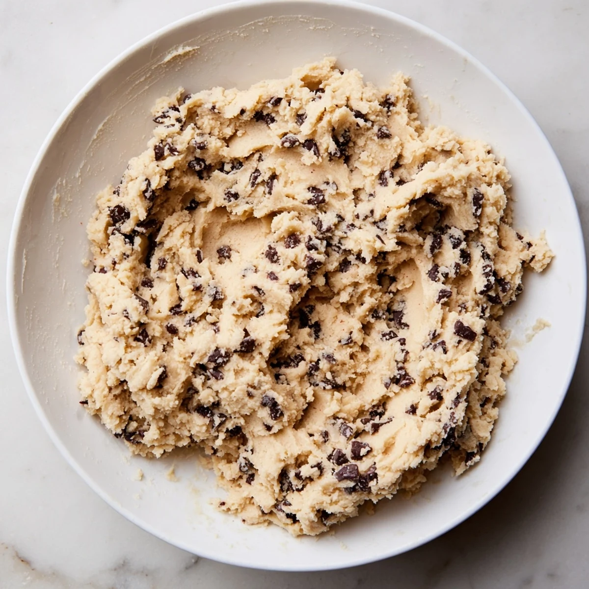 A bowl of soft edible keto cookie dough made with almond flour and vanilla extract.