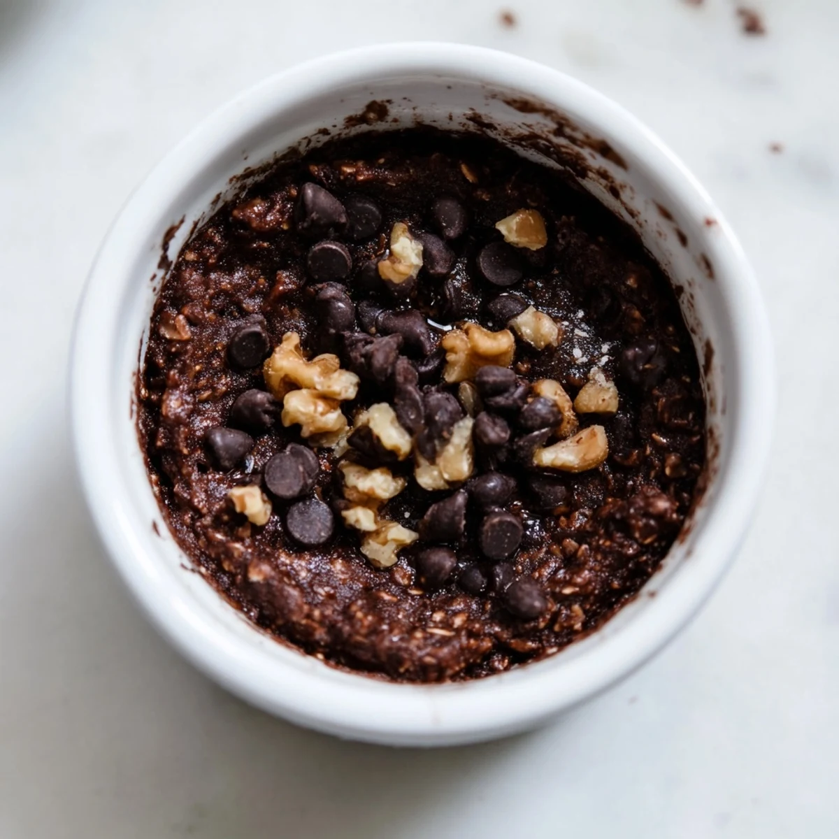 Steaming Easy Chocolate Baked Oats in ramekins, topped with melted chocolate chips on a rustic kitchen counter.