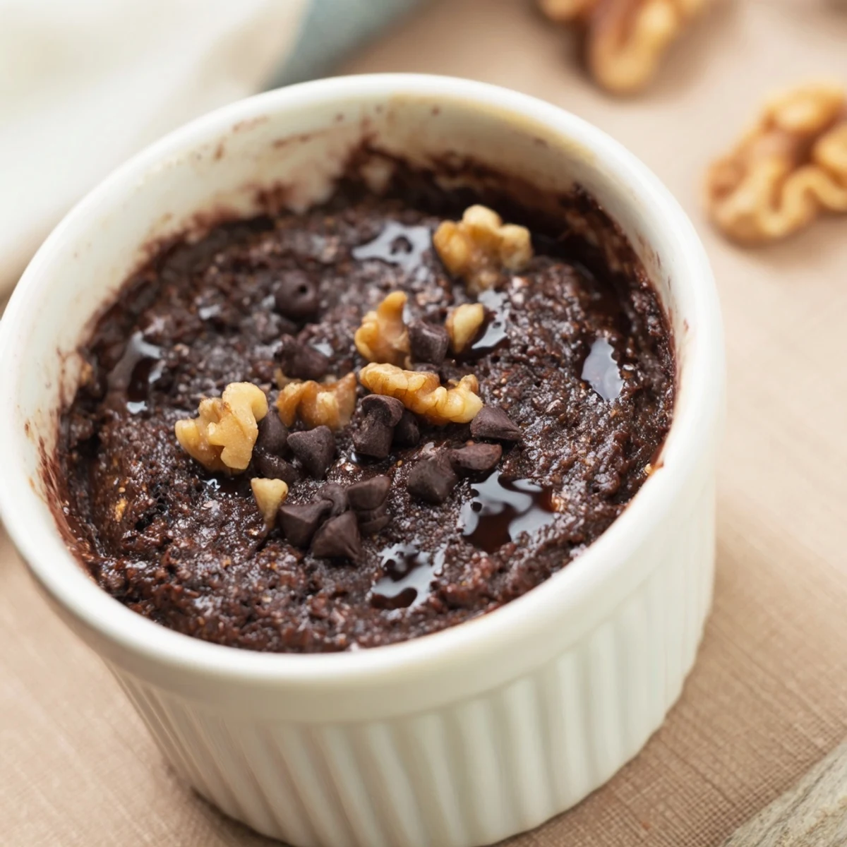 Golden-brown Easy Chocolate Baked Oats served with fresh banana slices and a drizzle of maple syrup for breakfast.