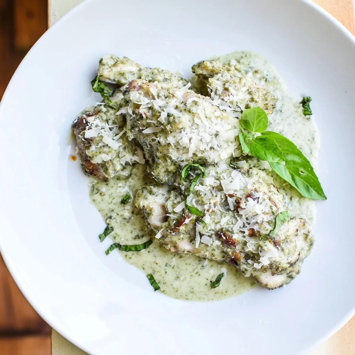 Slow-cooked Pesto Ranch Crock Pot Chicken Thighs in a creamy green sauce, served over steamed rice for a comforting family dinner.