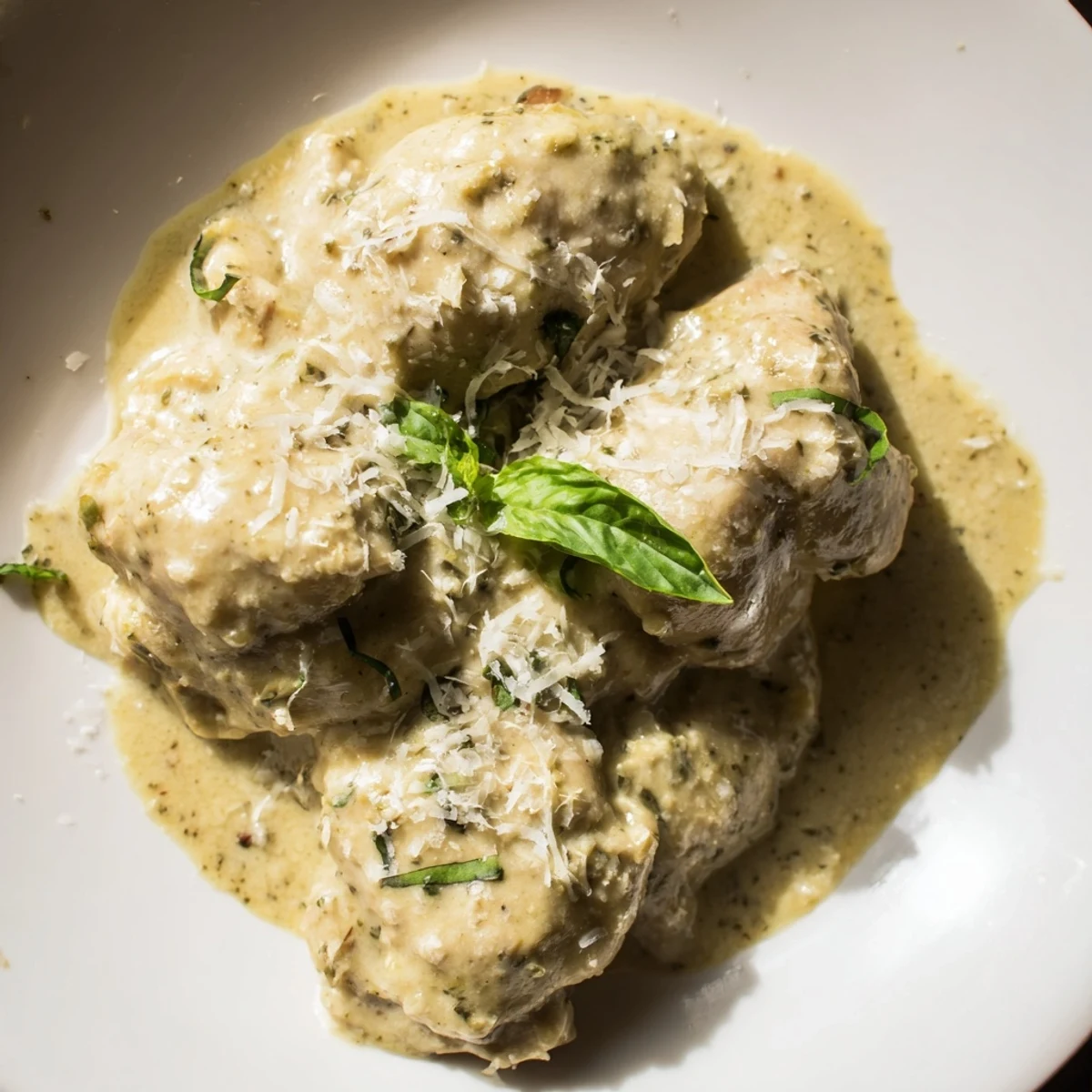 Tender Pesto Ranch Crock Pot Chicken Thighs garnished with fresh basil and Parmesan, resting in a rich, herby sauce inside the slow cooker.