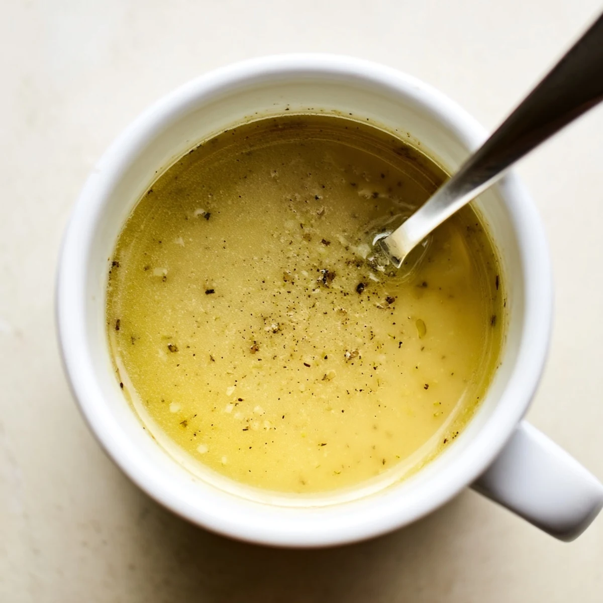 Bright Lemon Dijon Dressing in a small pitcher ready to pour over grilled chicken.