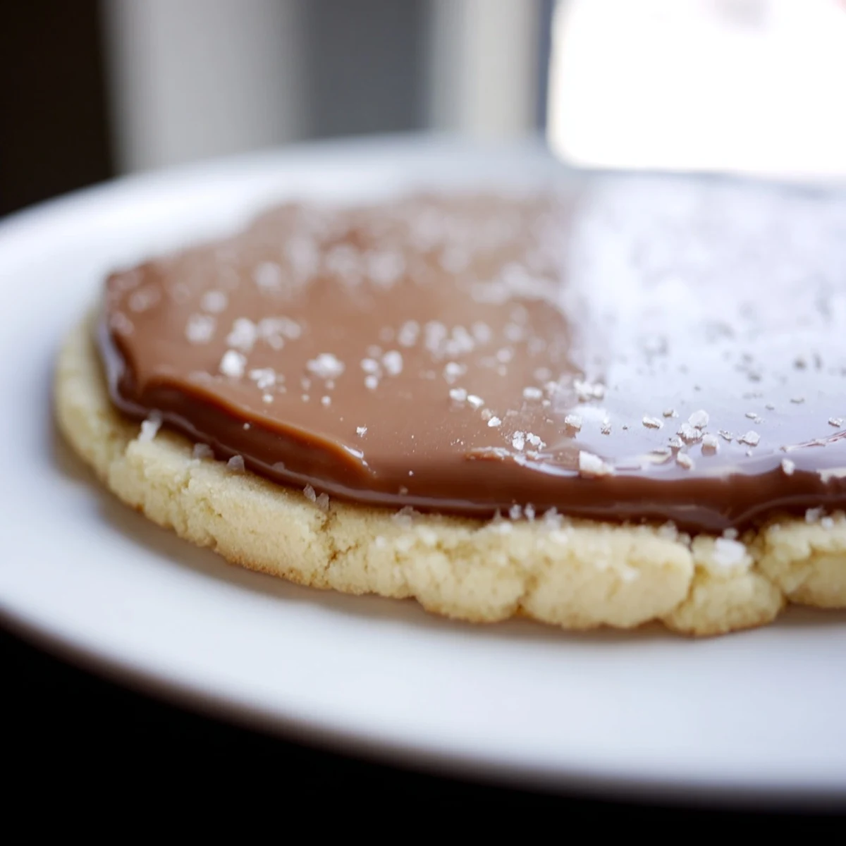 Two Twix Cookies on a rustic wooden board, with buttery shortbread and a drizzle of chocolate for an indulgent treat.