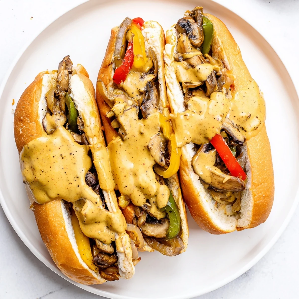 Toasted hoagie roll stuffed with sautéed portobello mushrooms, onions, and peppers, topped with creamy vegan cheese sauce for Vegan Philly Cheesesteaks.
