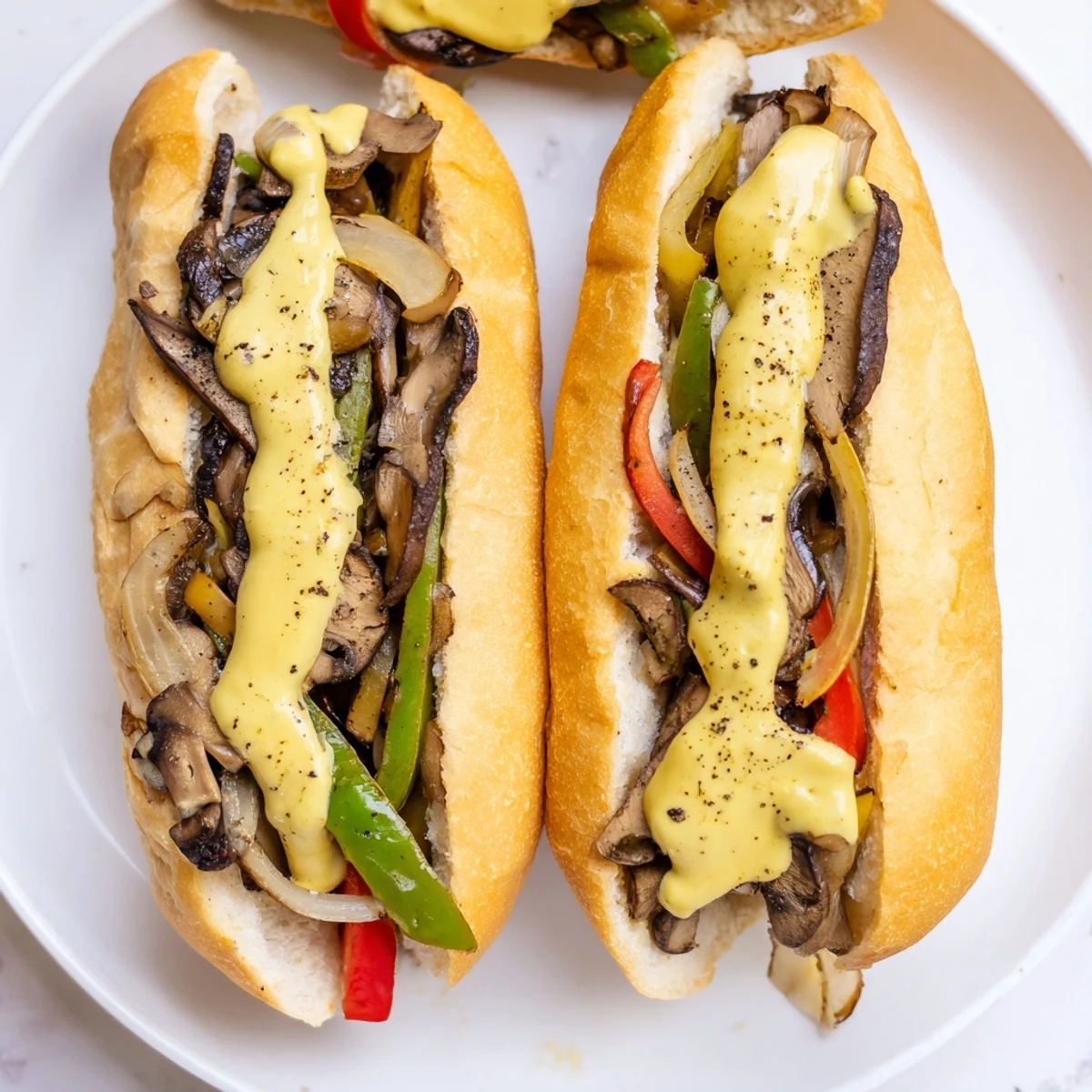 Vegan Philly Cheesesteaks served hot with melted cheese sauce and colorful vegetables spilling out of a toasted sub roll.
