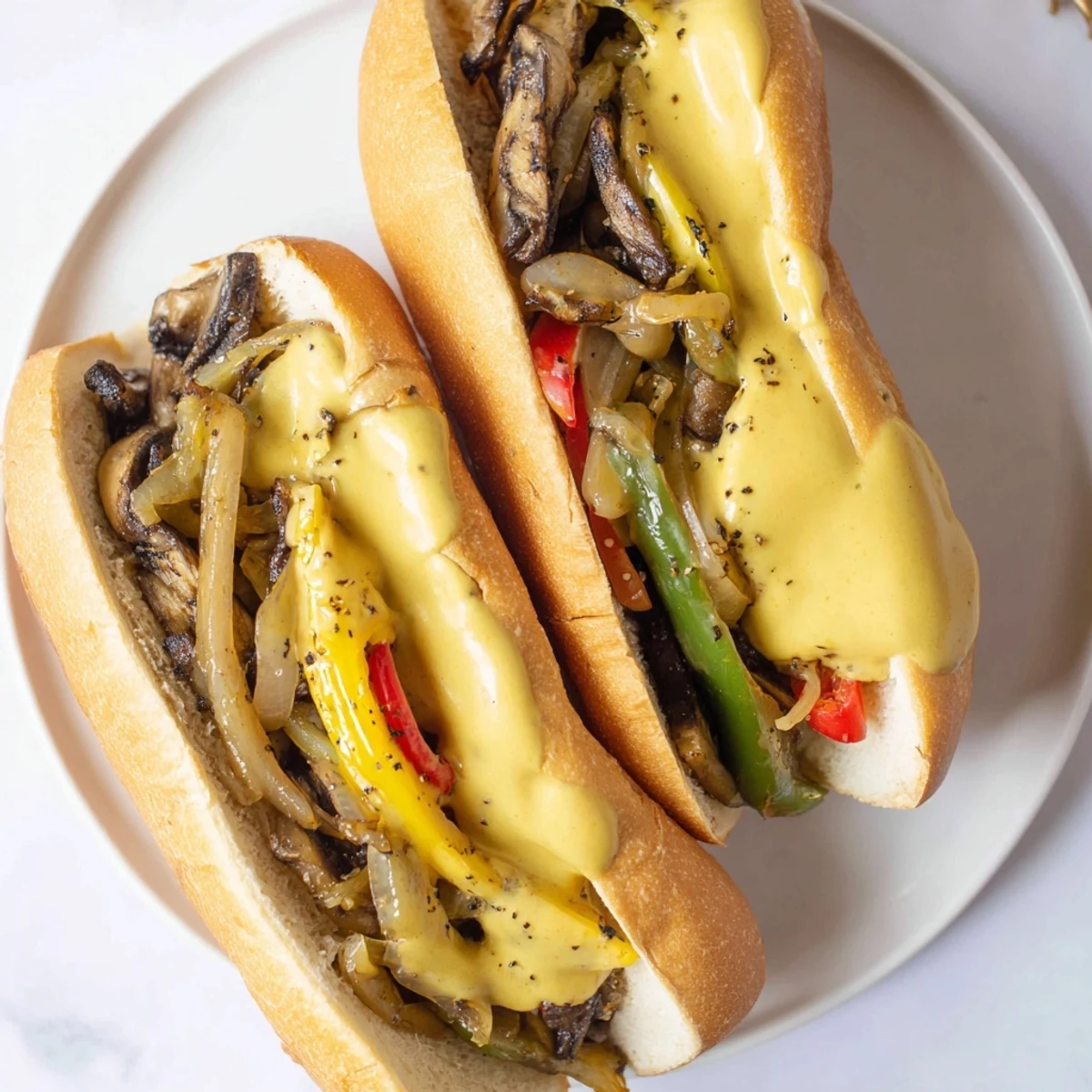 Sizzling skillet of mushrooms and peppers simmering for a hearty Vegan Philly Cheesesteaks recipe, ready to be piled into soft rolls.