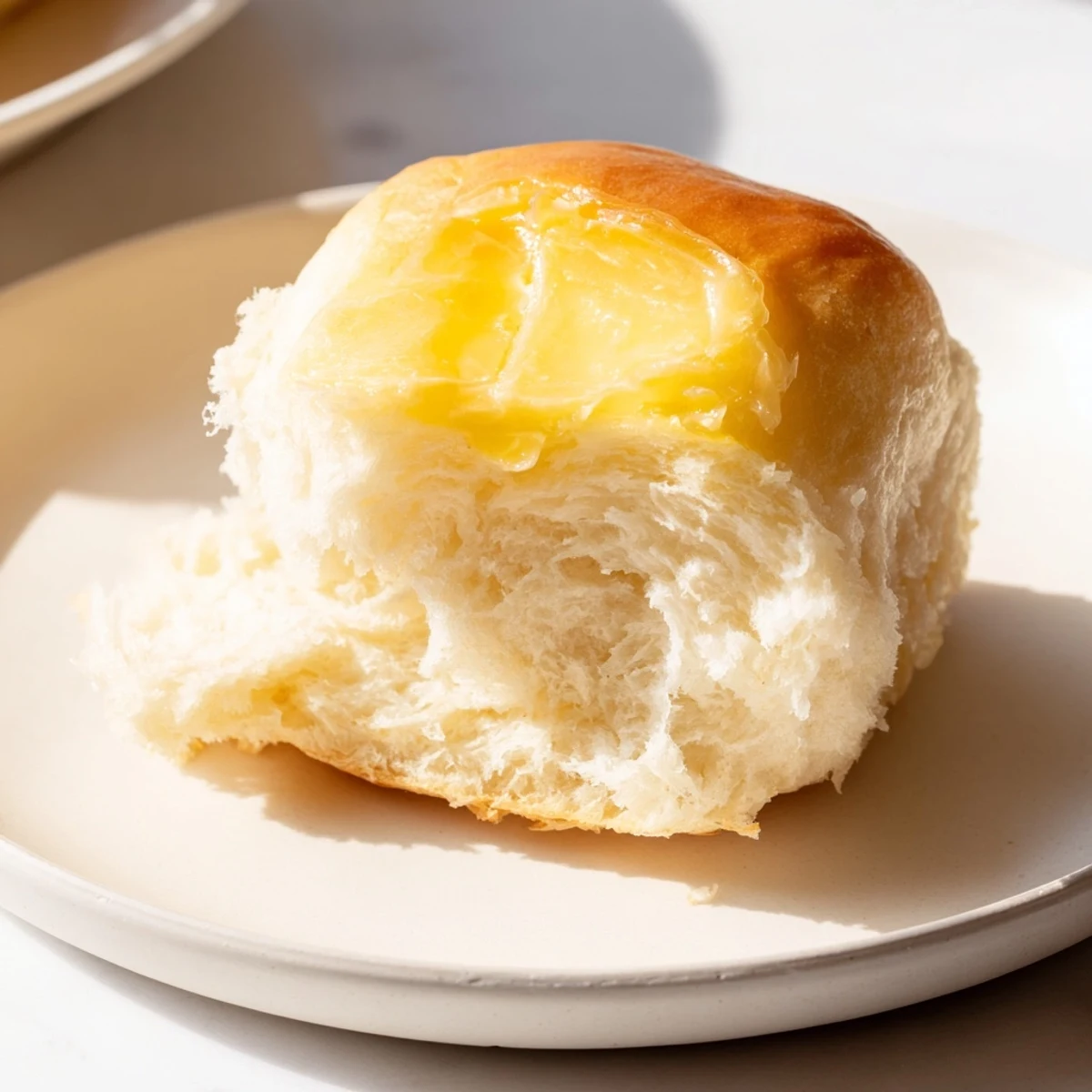 A close-up of warm Best Vegan Dinner Rolls brushed with melted vegan butter, ready to serve alongside dinner.