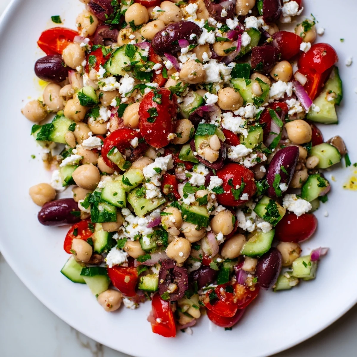 A bowl of Mediterranean Dense Bean Salad topped with crumbled feta, Kalamata olives, and a light herb-flecked dressing glistening.