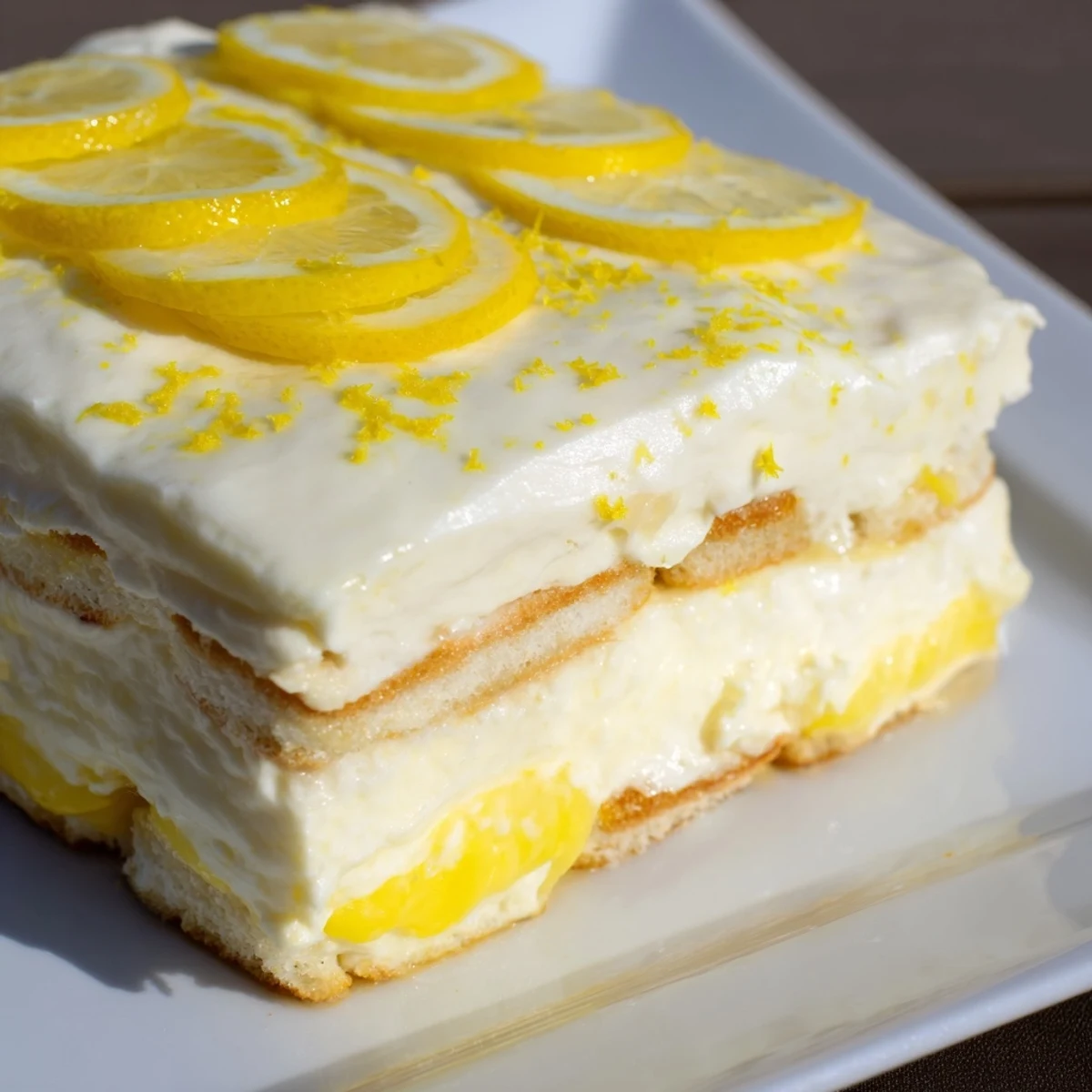 A slice of Easy Lemon Tiramisu No Bake Dessert on a white plate shows creamy layers and bright yellow zest garnish.  