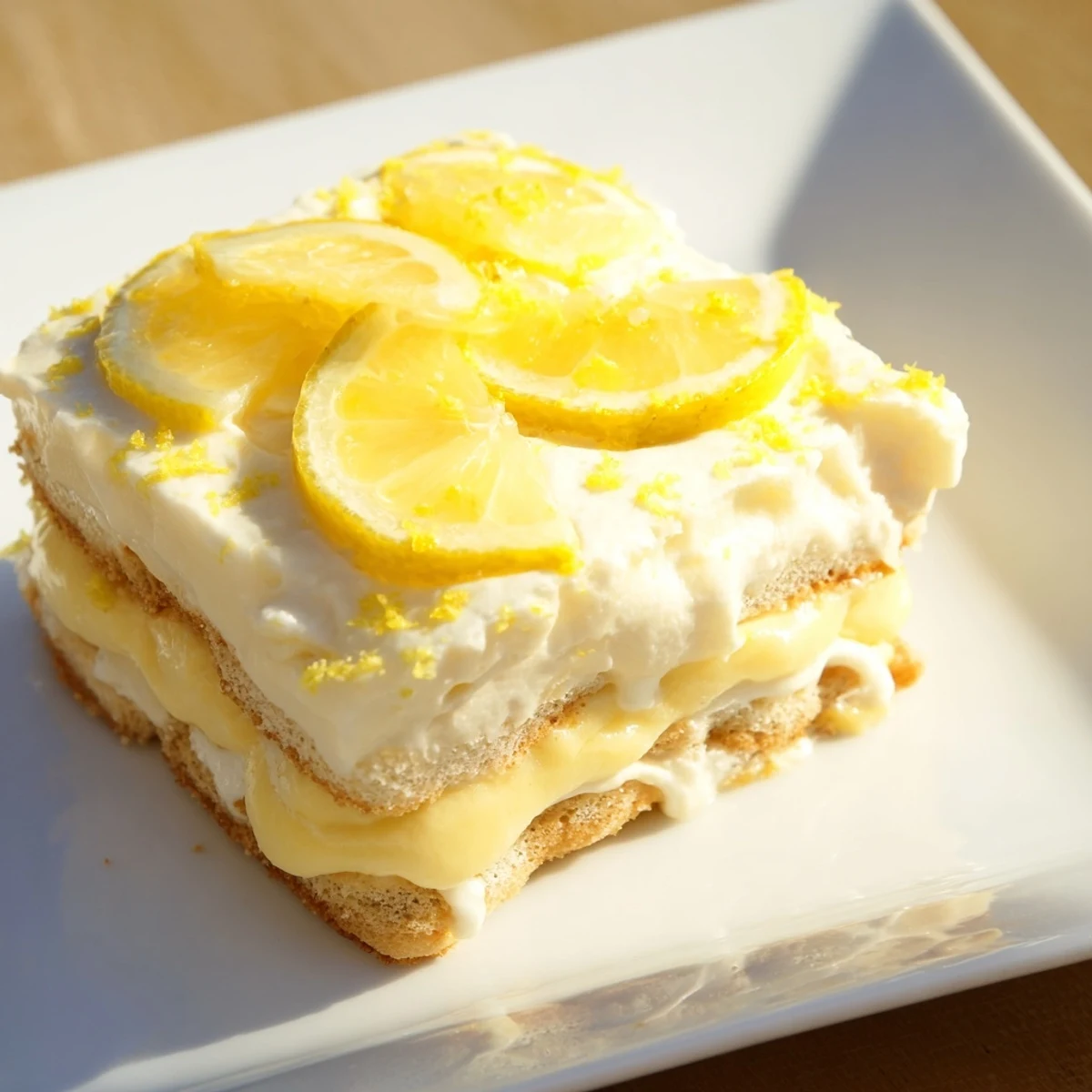 Bright Easy Lemon Tiramisu No Bake Dessert layers of lemon-soaked ladyfingers topped with fluffy mascarpone and fresh lemon slices.  