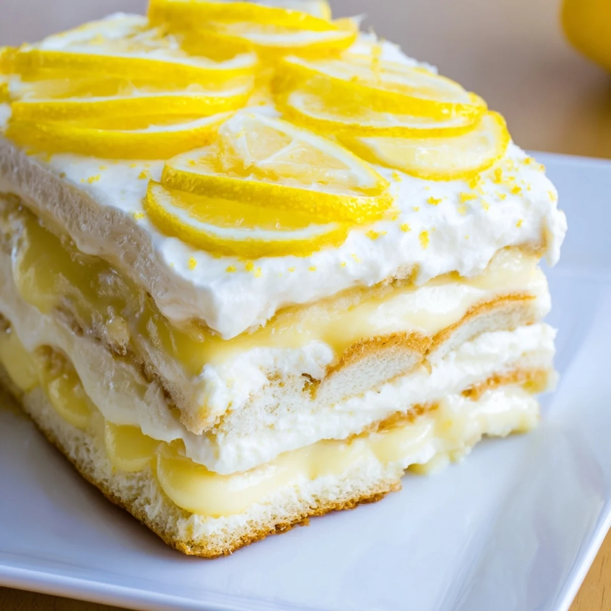 Overhead view of Easy Lemon Tiramisu No Bake Dessert in a glass dish, garnished with lemon slices and powdered sugar.