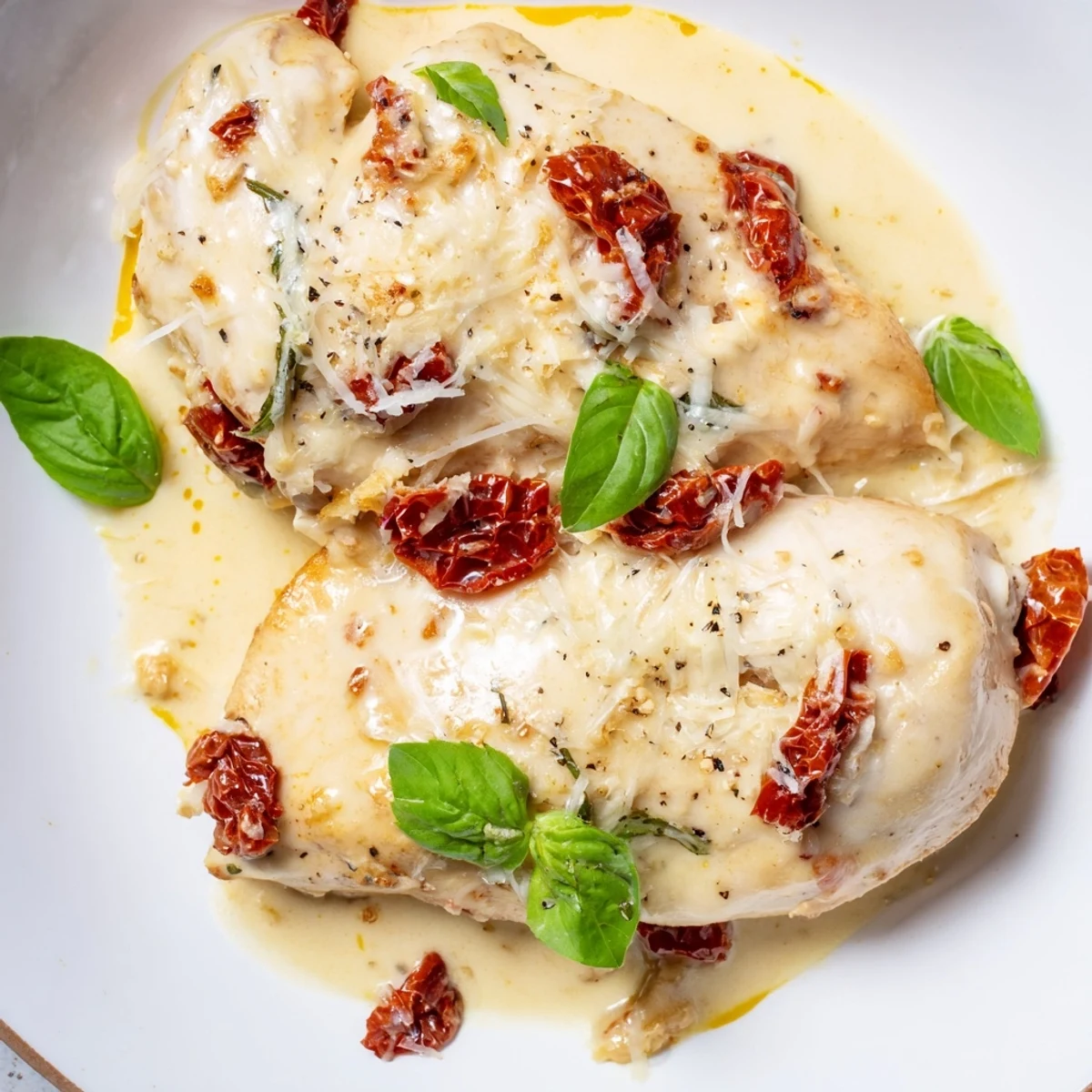 Golden-brown chicken breasts simmer in a creamy sun-dried tomato sauce in a slow cooker, finished with fresh basil.
