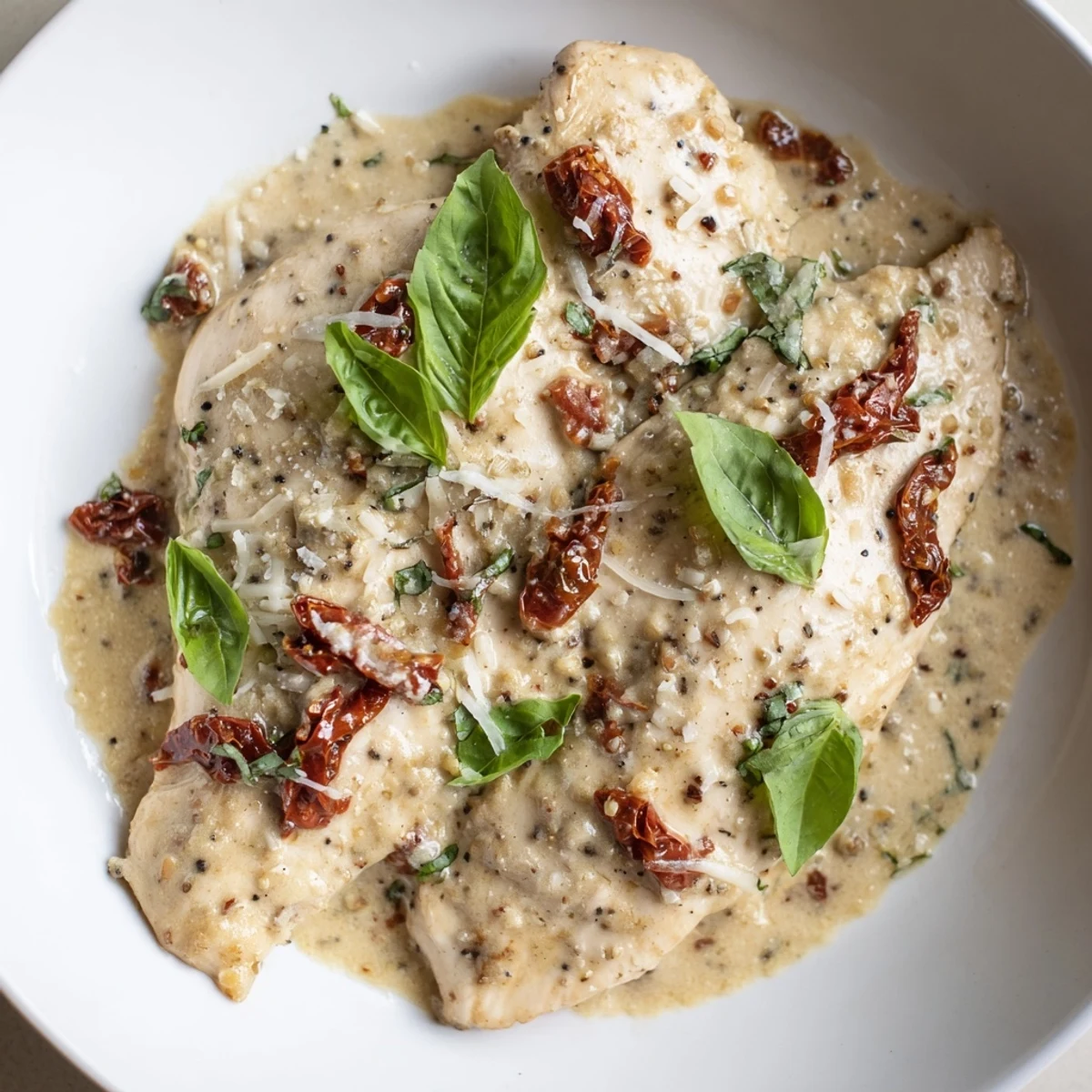 Marry Me Slow Cooker Chicken Breast served over steamed vegetables, garnished with fresh basil and black pepper.