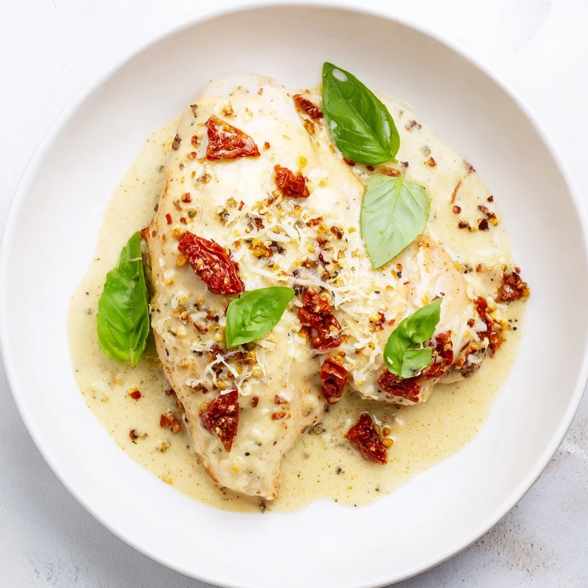 A spoon scoops up tender Marry Me Slow Cooker Chicken Breast coated in rich parmesan herb sauce.