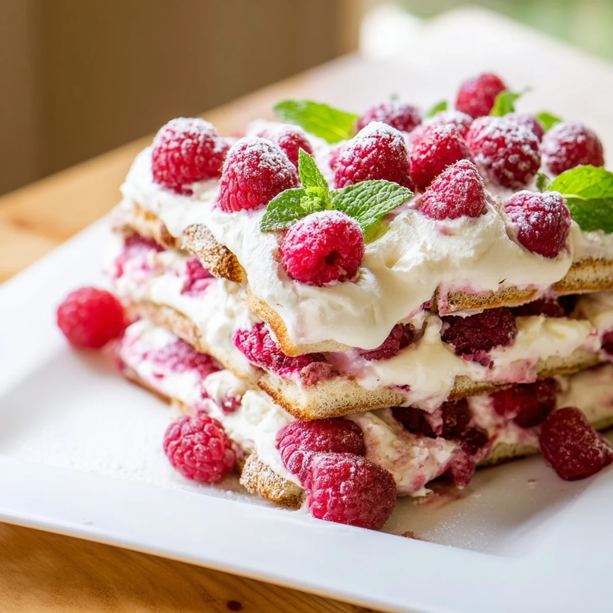 A slice of Fresh Raspberry Tiramisu showcases creamy mascarpone layers and ruby-red berries on a dessert plate.  