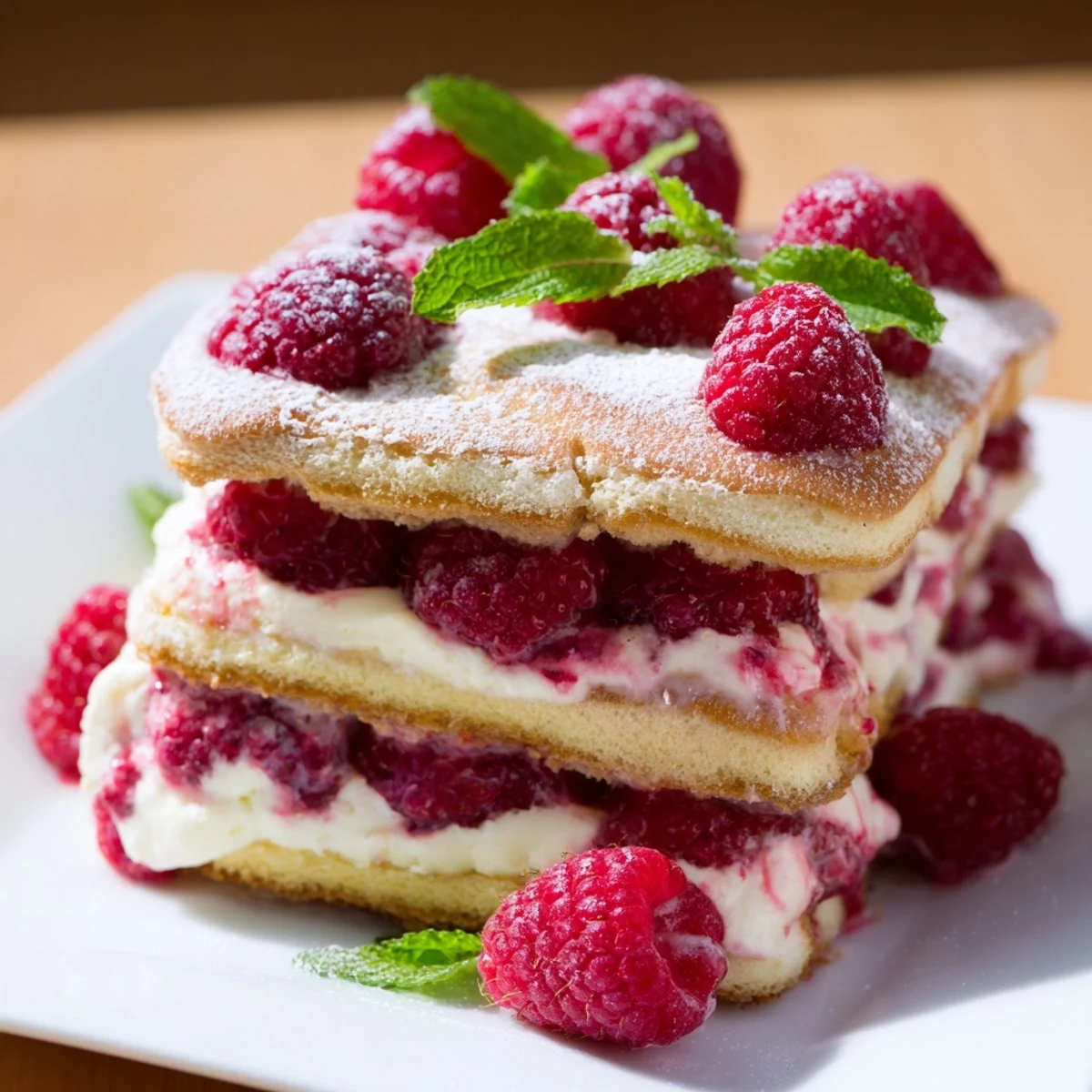 A rectangular dish of Fresh Raspberry Tiramisu glistening with powdered sugar beside fresh mint leaves.  