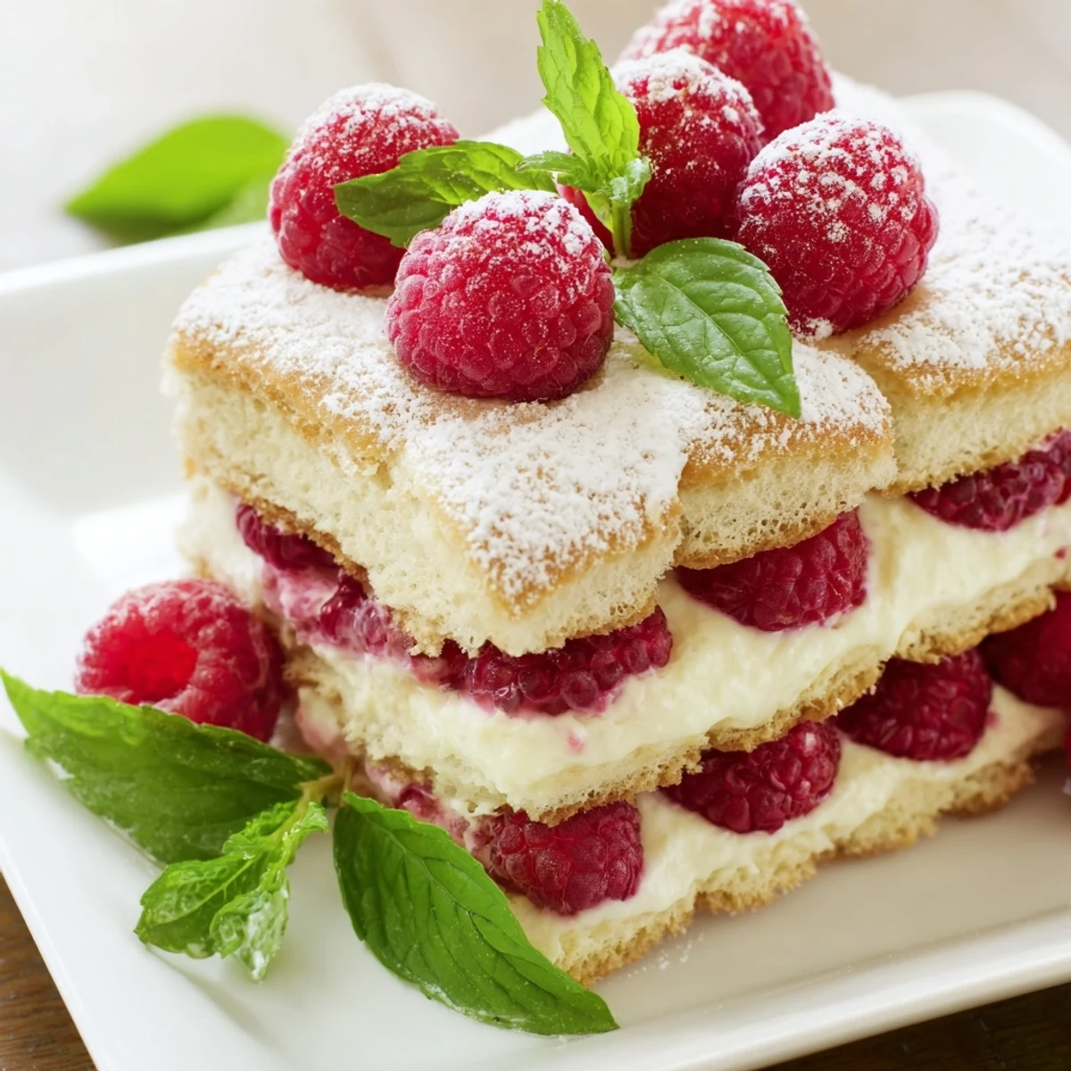 In a cozy kitchen setting, Fresh Raspberry Tiramisu layers include coffee-soaked ladyfingers and a bright raspberry sauce.