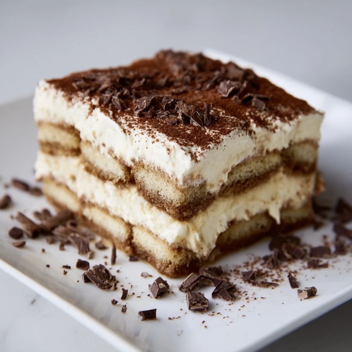 A layered Easy Tiramisu with cocoa-dusted top, served in a glass dish, blending creamy mascarpone with soaked ladyfingers.
